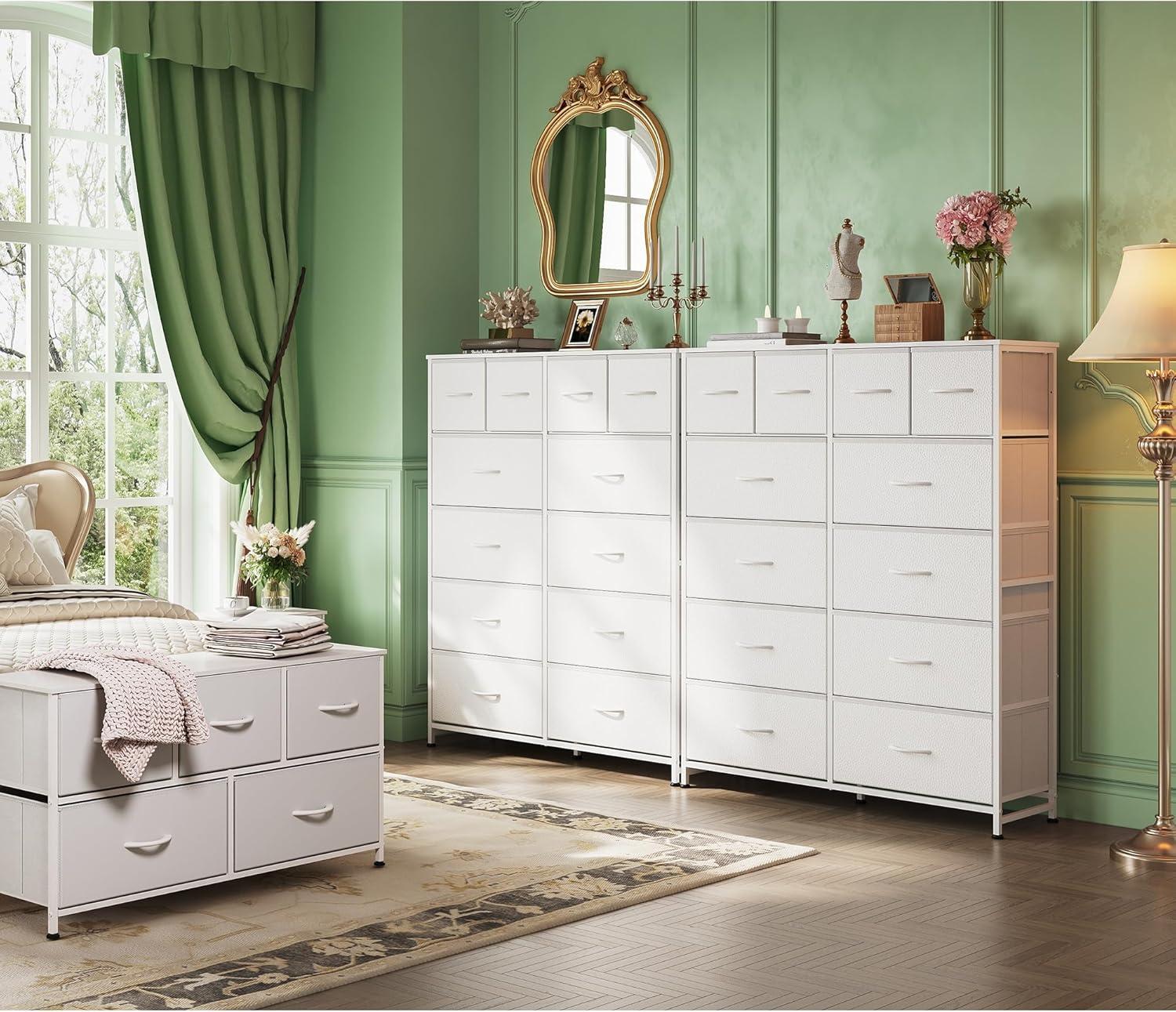 Lulive Dresser for Bedroom with 12 Drawers, Tall Dresser Chest of Drawers with Side Pockets and Hooks, Fabric Dresser Storage Tower for Closet, Hallway, Living Room (White)