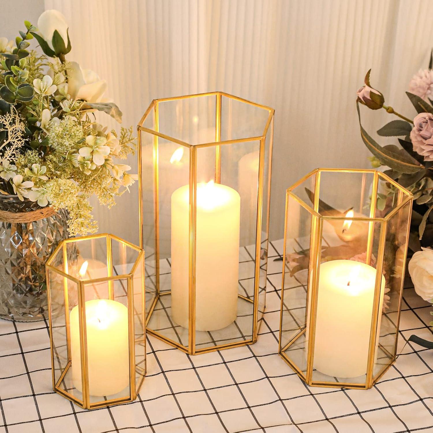 Phosphor Small Hurricane Candle Holder Set of 3 Pieces, Black Glass Candle Holder for Wedding, Party, Holiday.