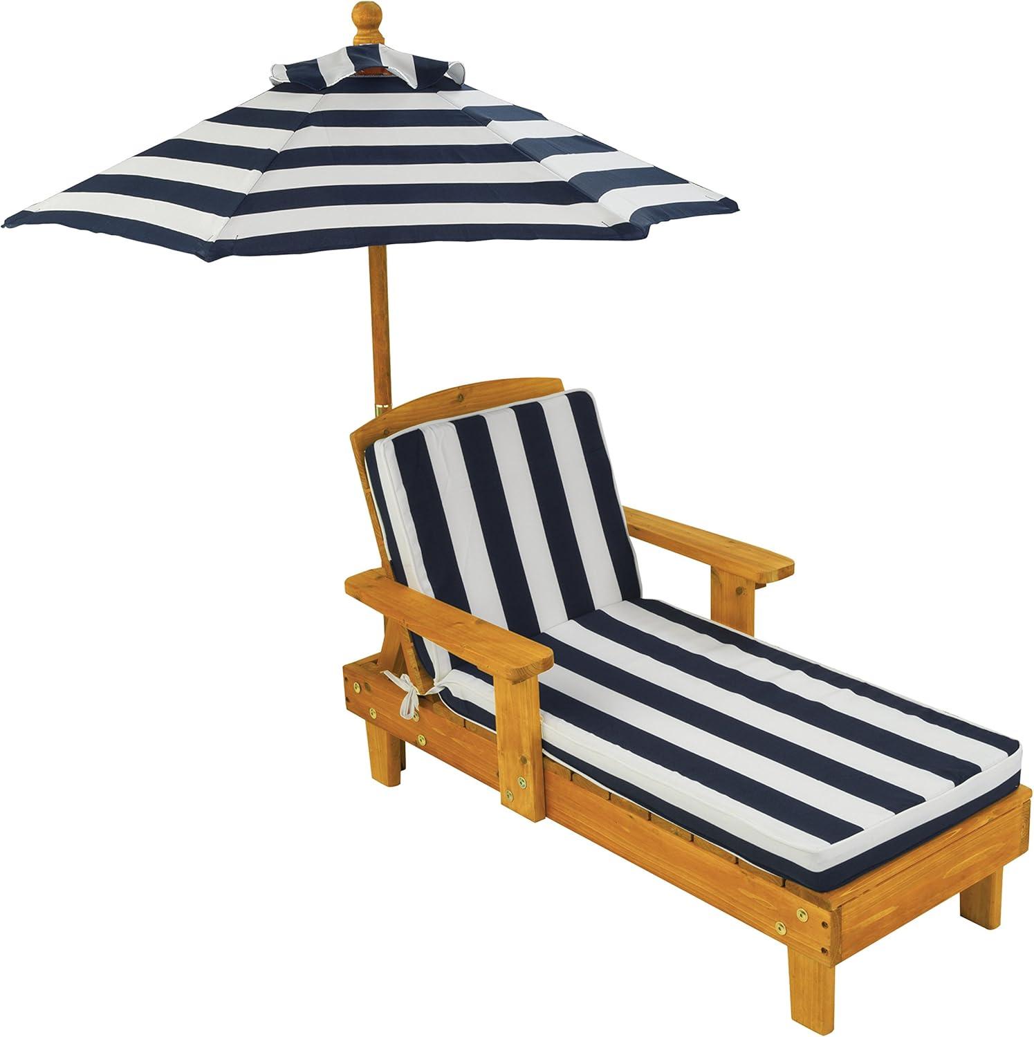 KidKraft Outdoor Wood Chaise Children's Chair with Umbrella and Cushion, Navy and White