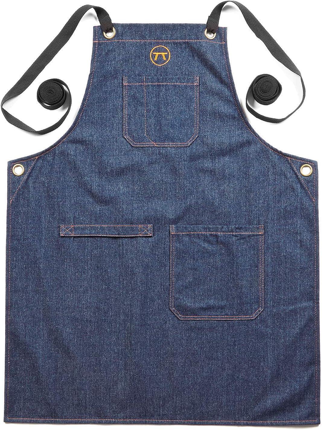 Outset Leather BBQ and Kitchen Apron, Men's and Women's, Blue Denim, Cross Back