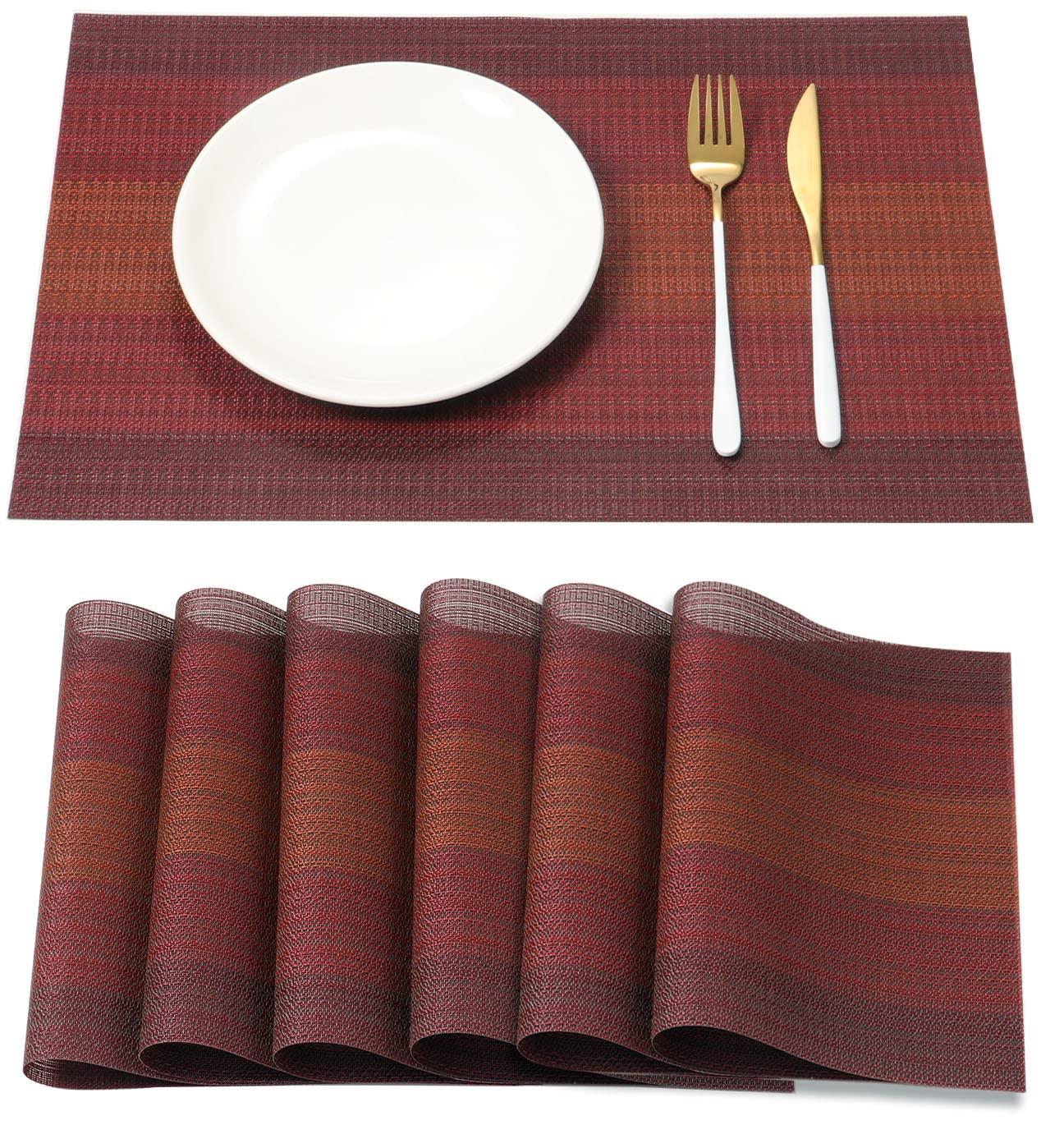 Table Placemats Set of 6 with Coasters Crossweave Woven Vinyl Wipe Clean Heat Resistant Washable Table Mats and Runner Set for Dining Table, Red
