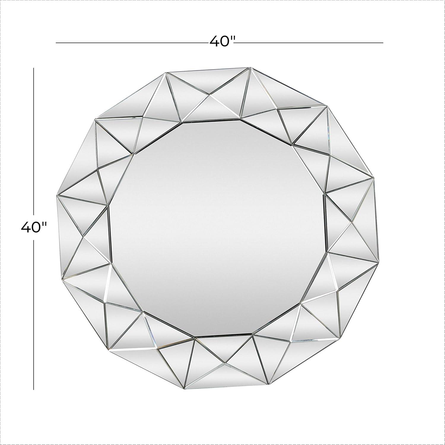 DecMode Glam Glass Silver Round Wall Mirror with Triangular Patterns, 40"D