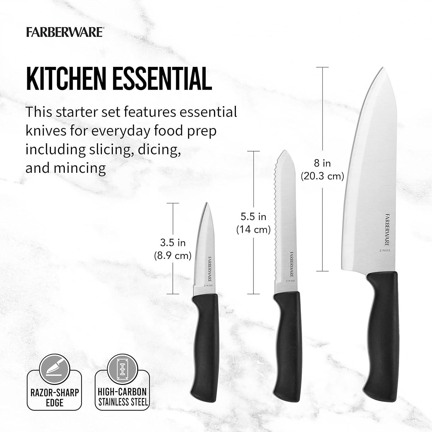Farberware 3 Piece Chef Knife Set: Stainless Steel Kitchen Knives with Black Polypropylene Handles, Includes Paring & Utility