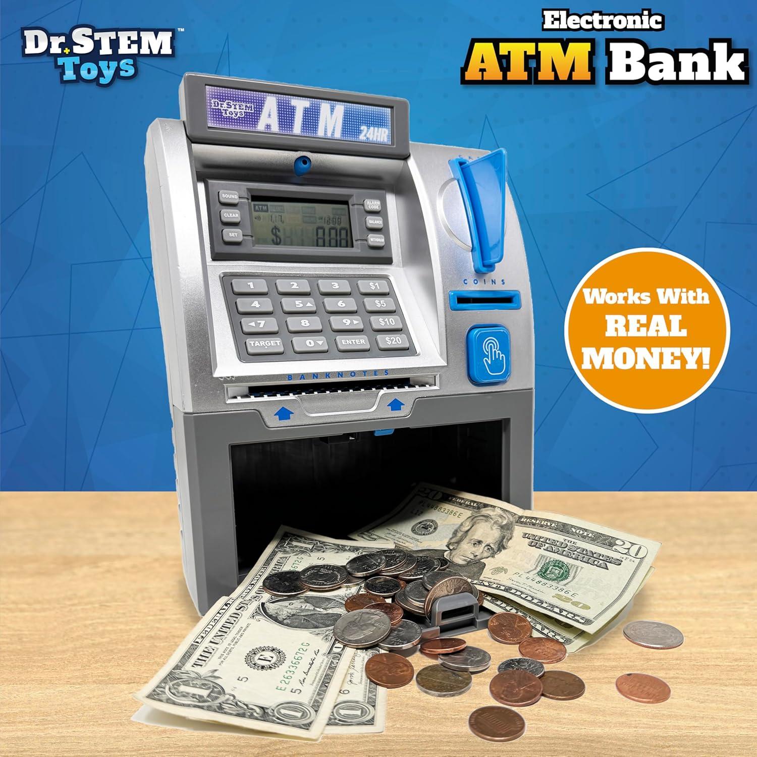 Dr. STEM: Electronic ATM Bank - Real Money Savings Piggy Bank Toy, LCD Digital Screen, Bill Feeder & Coin Counter, Pin Entry, STEM Learning, Kids 5+
