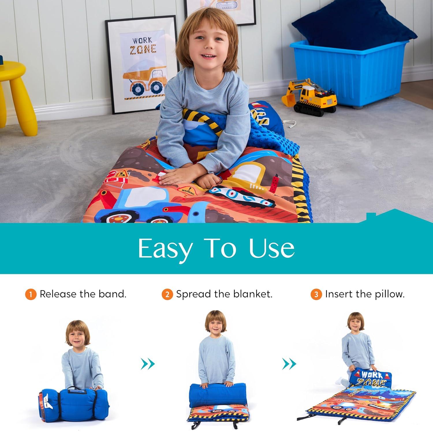 Joyfy Construction Scenes Toddler Nap Mat with Pillow & Blanket- 55''*30'' for Kids Ages 3-7 Years - Kids Roll Up Nap Mat for Preschool & Sleepovers