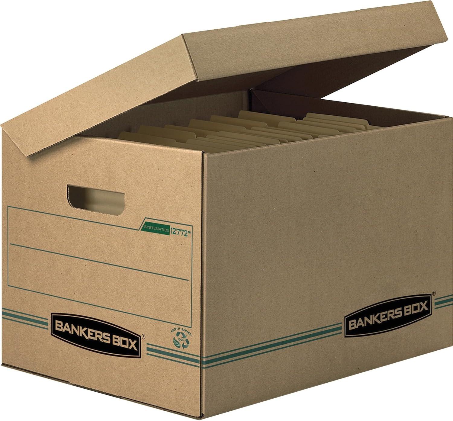 Bankers Box 12772 SYSTEMATIC Basic-Duty Attached Lid Letter/Legal Storage Boxes - Kraft/Green (12/Carton)