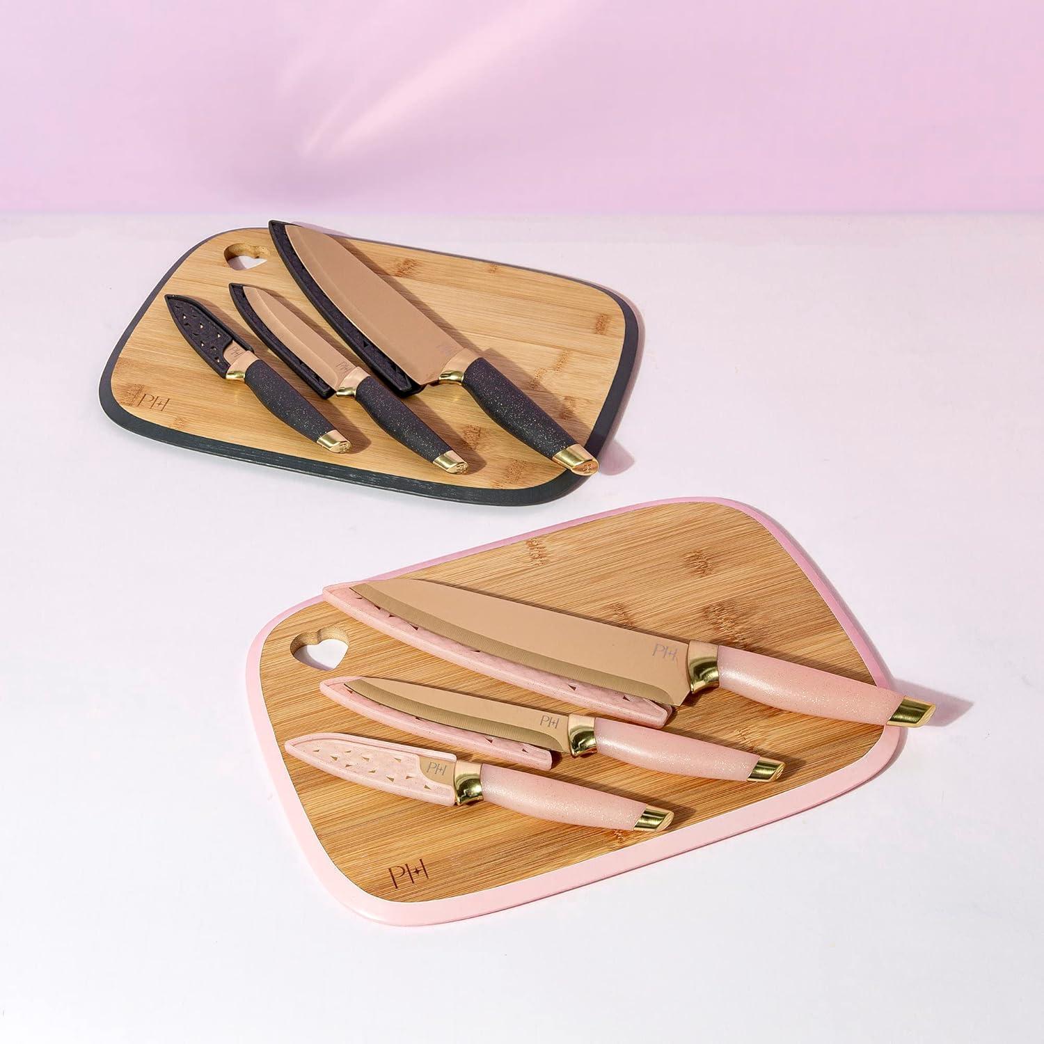 Paris Hilton 7-Piece Reversible Bamboo Heart Cutting Board and Stainless Steel Cutlery Set, Pink