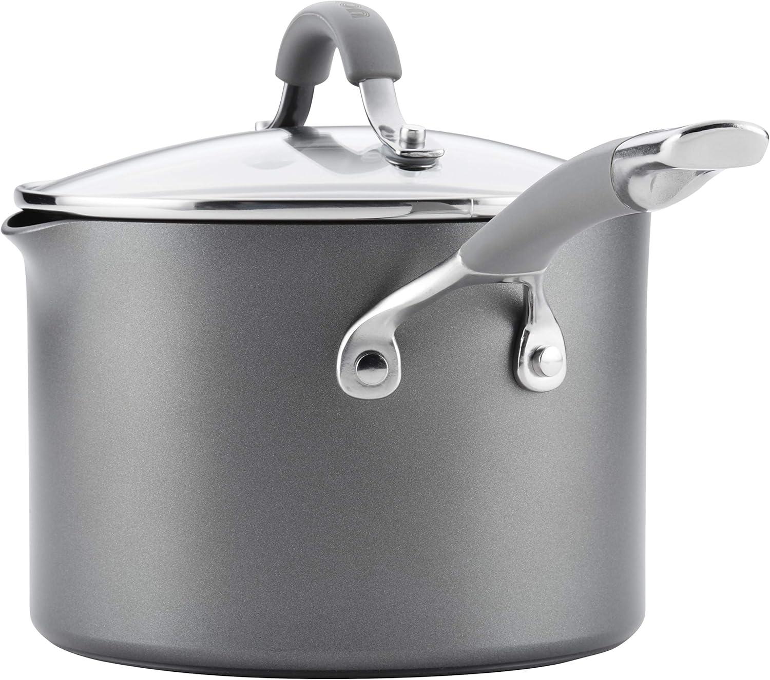 Circulon Elementum Hard-Anodized Nonstick Straining Sauce Pan with Lid, 3-Quart, Oyster Gray