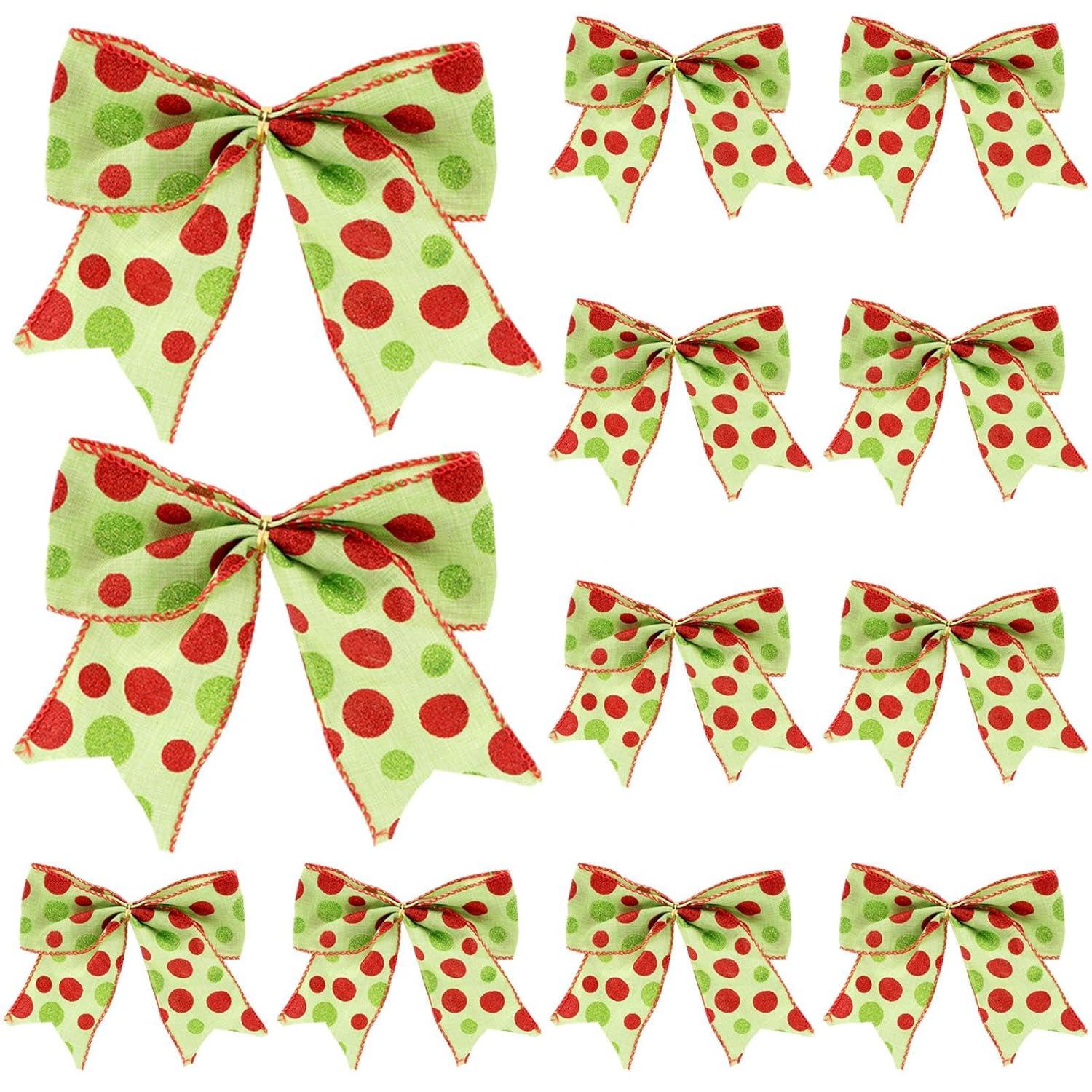 Sandistore Cute Cars 12pcs Christmas Tree Bows Ornaments 6 Inch Large Christmas Wreath Bows Red Green Xmas Tree Bows Christmas Glitter Dot Bows Ribbons Decoration For Garland Diamonds for Crafts