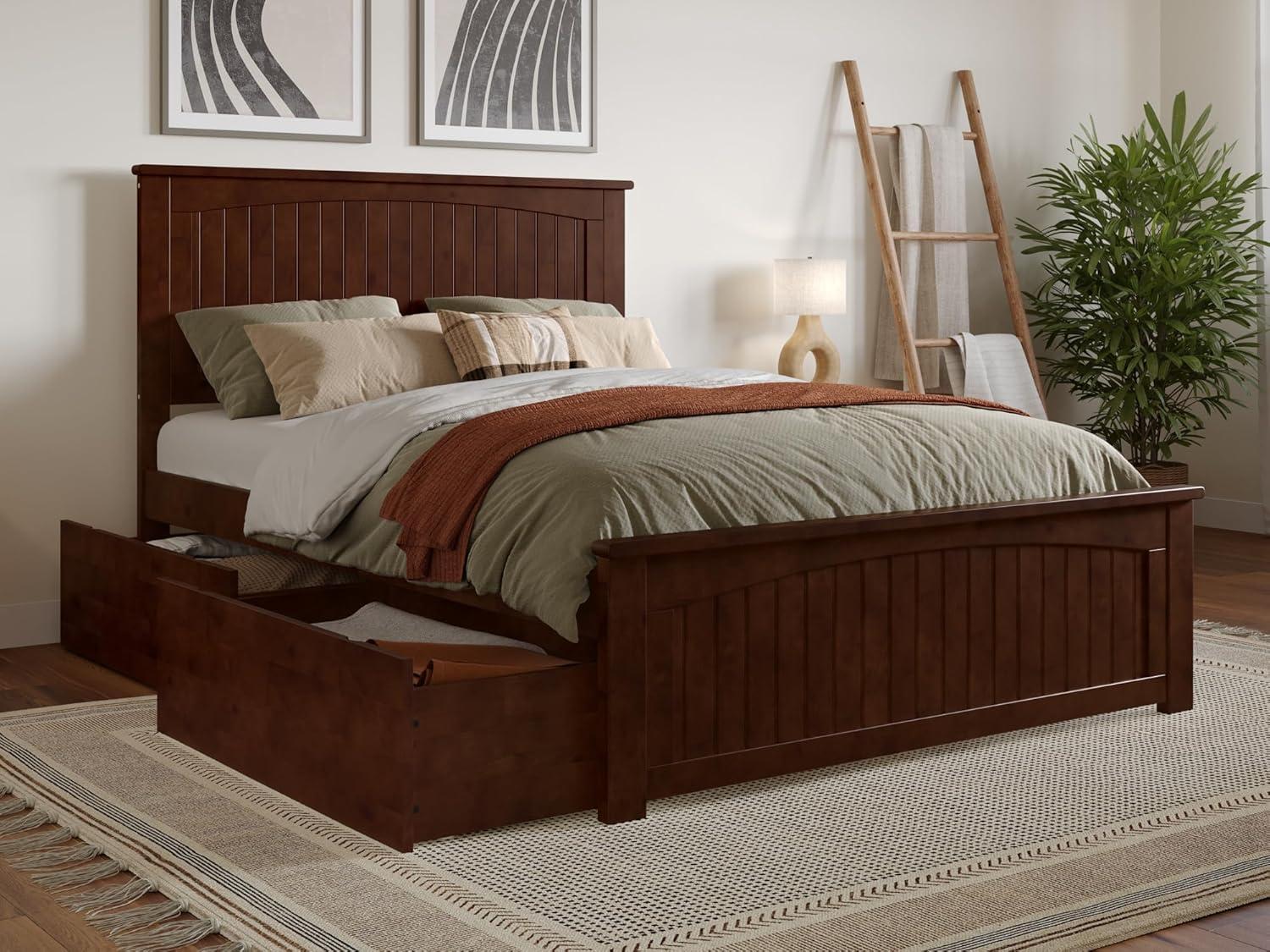 AFI Nantucket Full Wood Platform Bed with Matching Footboard and Storage Drawers, Walnut