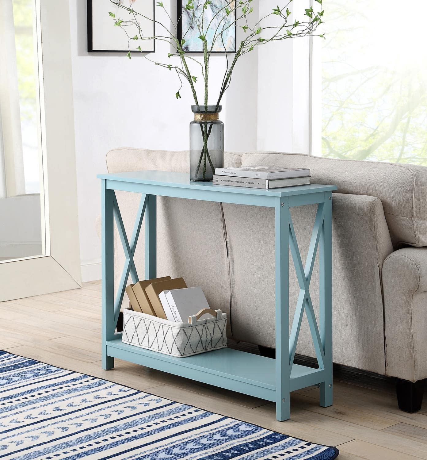 Sea Foam Blue Wood Console Table with Storage Shelf