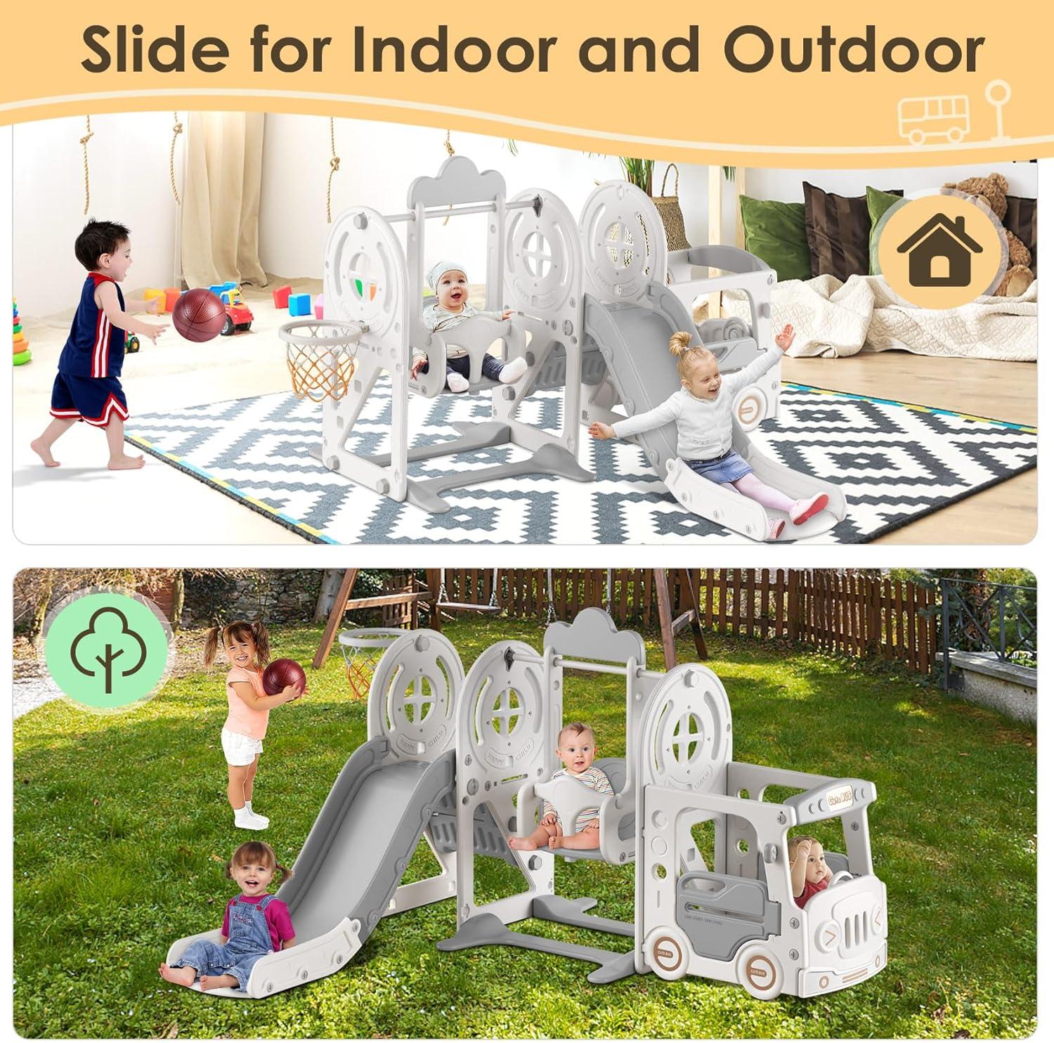 Suteck 5 in 1 Toddler Slide, Kids Slide with Climber,Bus Playhouse and Swing Outdoor Indoor Slide Playset