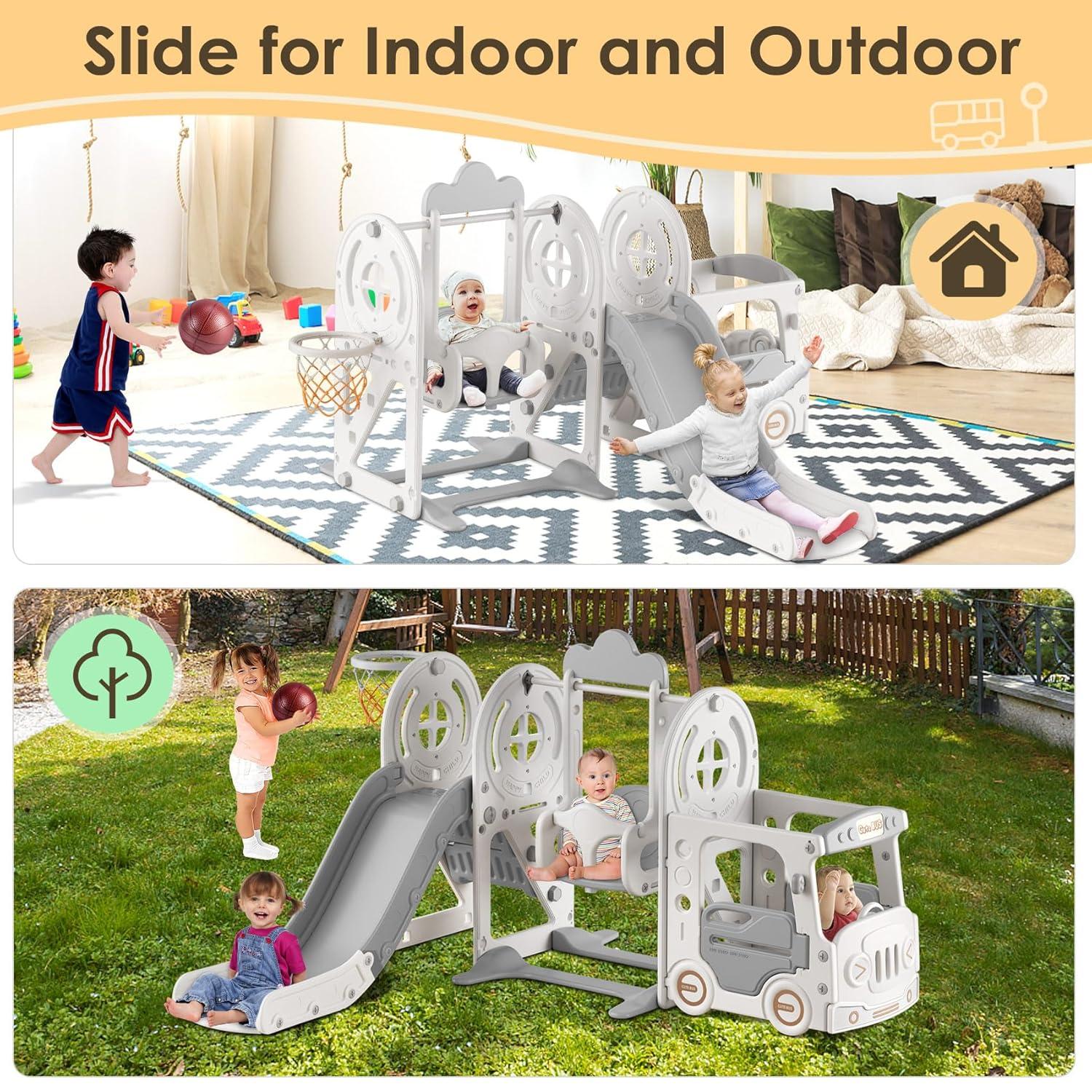 Suteck 5 in 1 Toddler Slide, Kids Slide with Climber,Bus Playhouse and Swing Outdoor Indoor Slide Playset