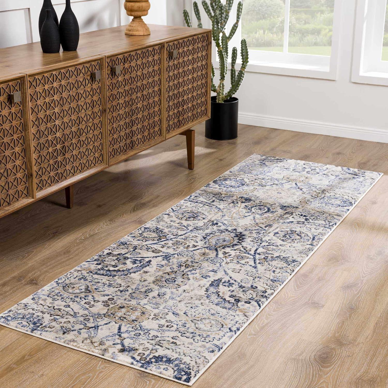 Hauteloom Erbacon Boho Vintage Traditional Damask Area Rug - Farmhouse Traditional Floral Medallion Carpet for Living Room - Grey, Beige, Light Brown, Cream, Navy, Blue - 7'10" x 10'2" (8x10)