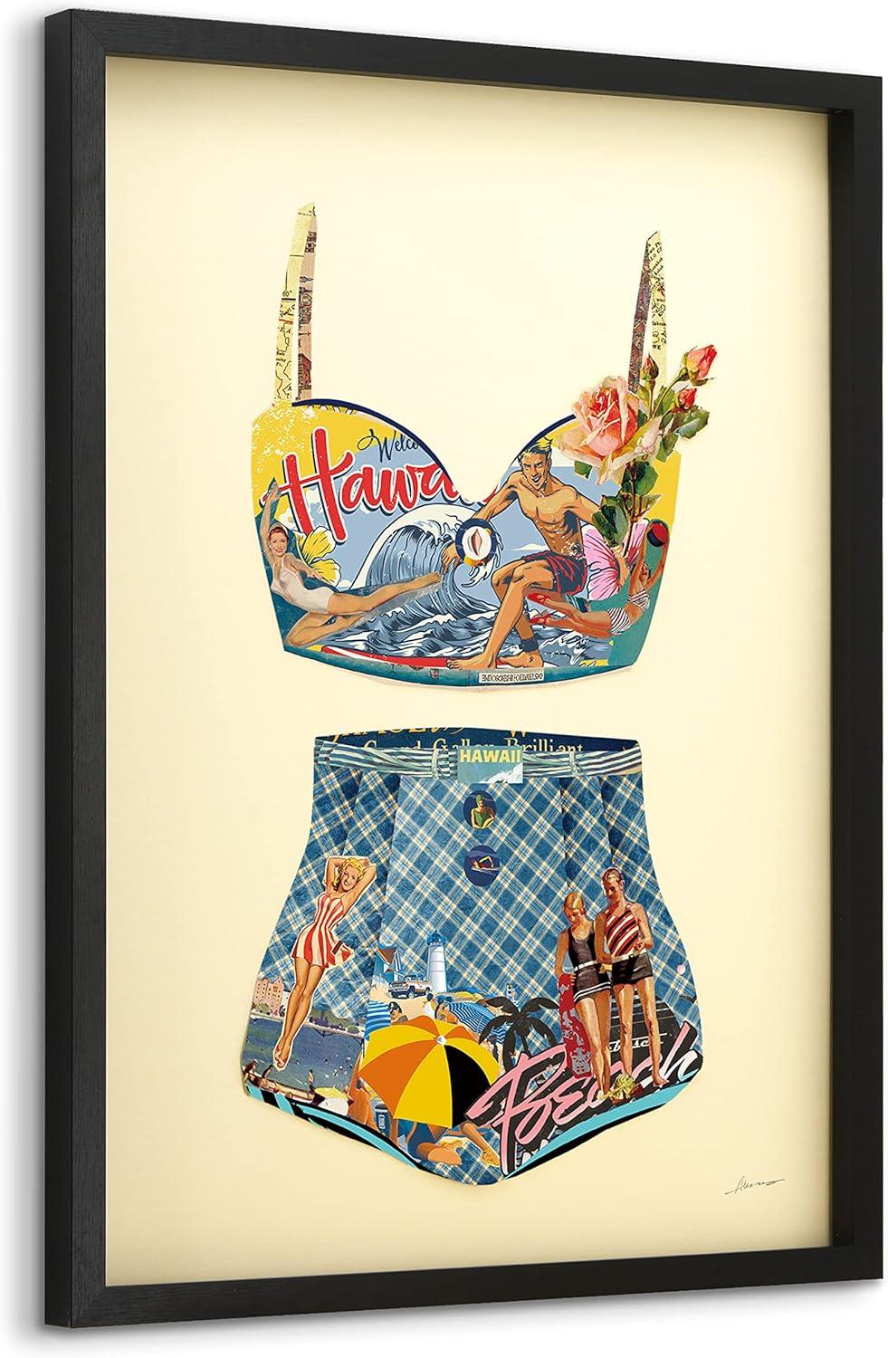"Hawaii Beach" Dimensional Collage Framed Graphic Art Under Glass Wall Art
