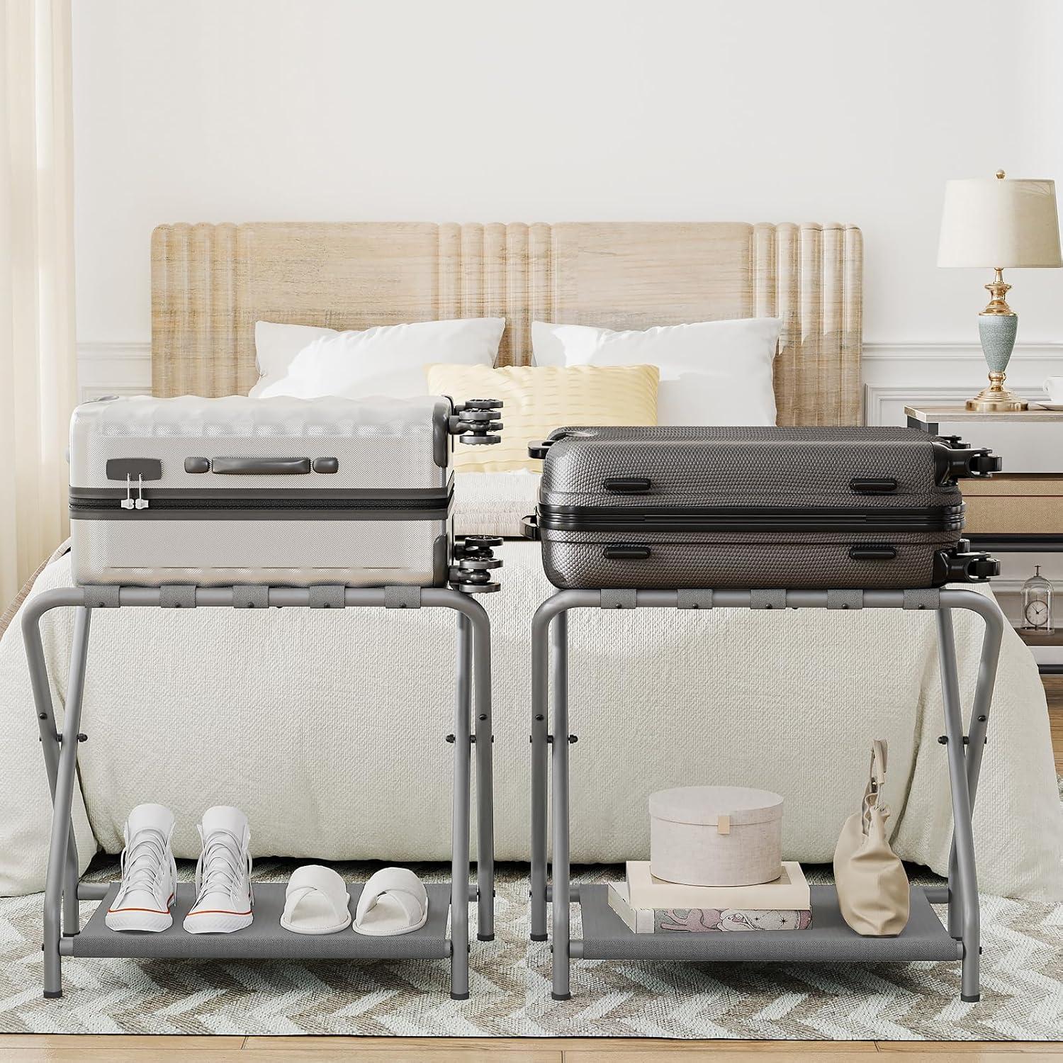 MEBROT Set Of 2, Foldable Suitcase Stands For Guest Room, Metal Luggage Holder With Storage Shelf For Bedroom, Hotel, Easy Assemble