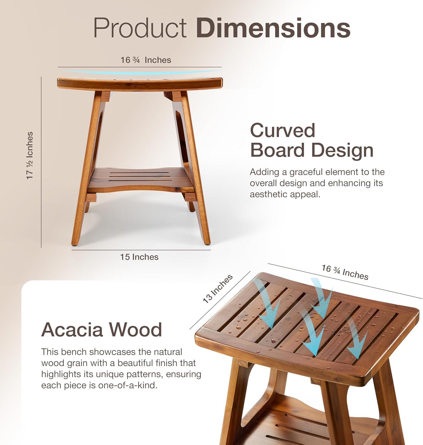 HOLANA 18" Acacia Shower Bench for Inside Shower - Wooden Shower Stool Benches Waterproof for Shaving Legs - Bench Seat with Storage Towel Shelf for Bathroom - Tub Bench Chair Spa Bath (Acacia Wood)