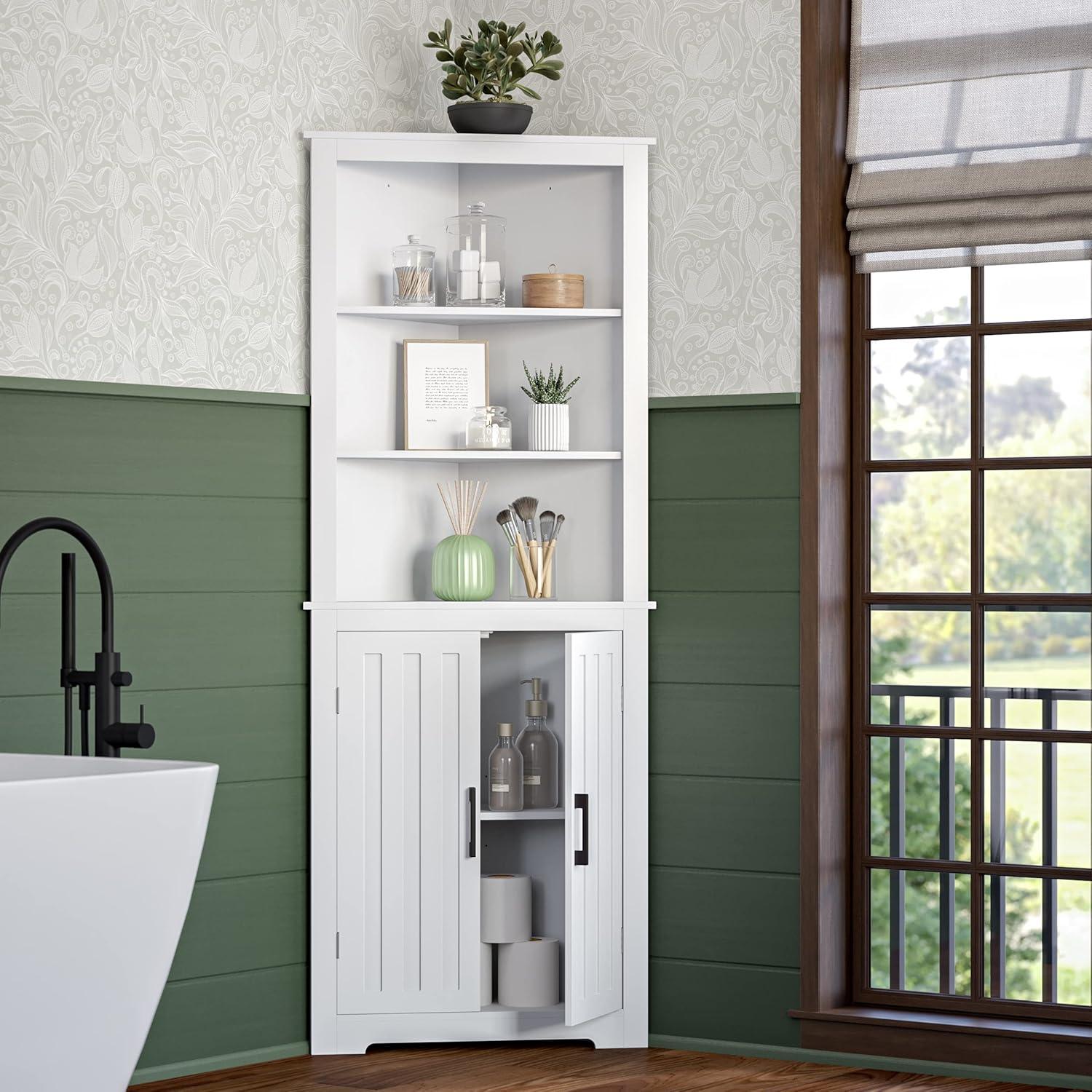 RiverRidge Home RiverRidge Monroe Tall Corner Bathroom Cabinet Storage Organizer with Doors and an Adjustable Shelf - White