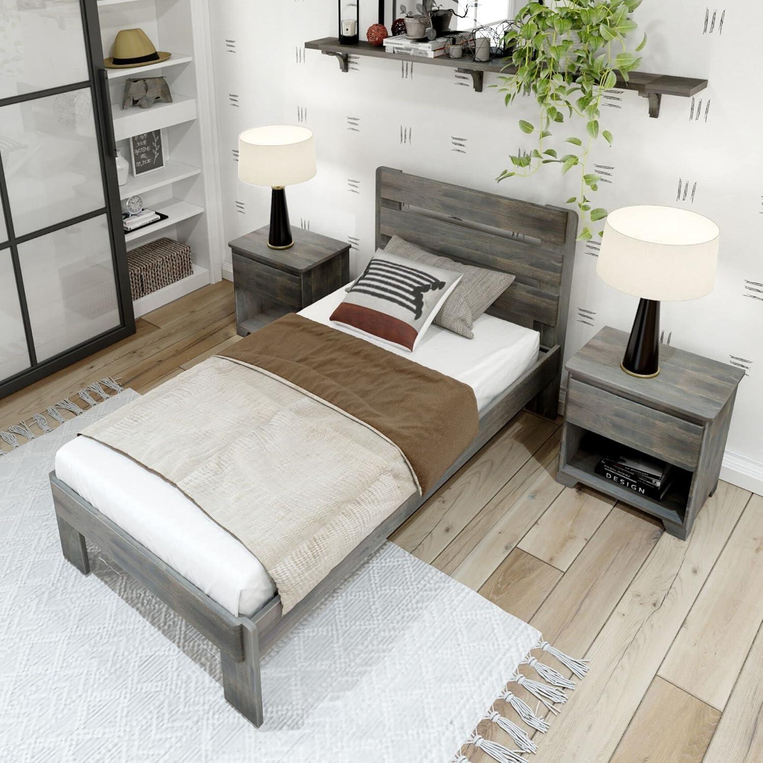 Plank+Beam Farmhouse Twin Bed Frame with Plank Headboard, Solid Wood Platform Bed, Driftwood