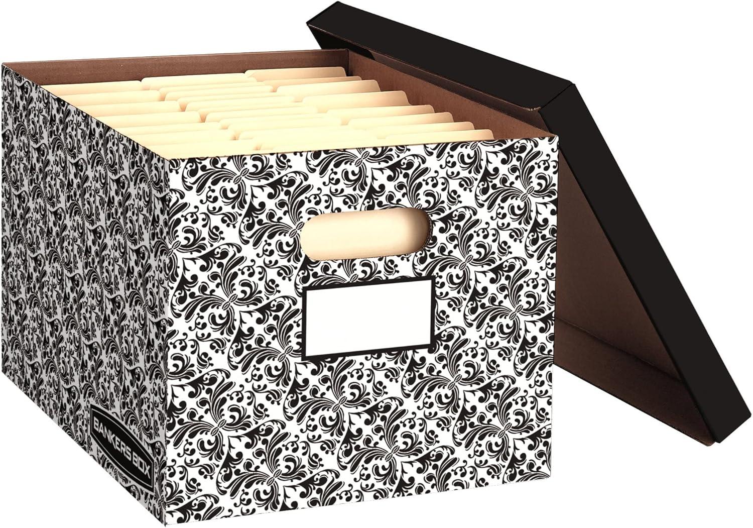 Bankers Box 10 Pack STOR/FILE Decorative Medium-Duty File Storage Boxes, FastFold, Lift-Off Lid, Letter/Legal, Black/White Brocade
