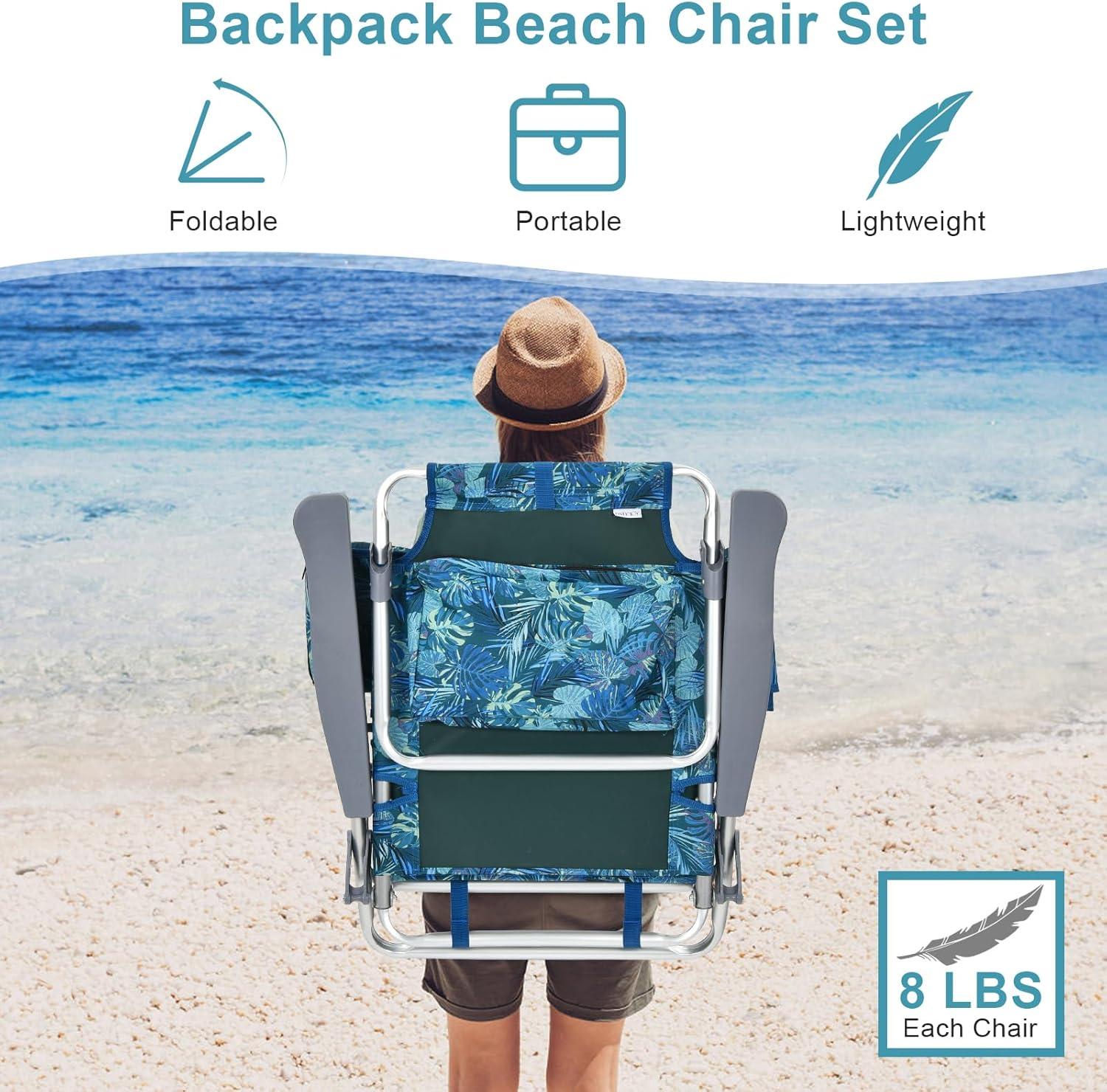 GYMAX Beach Chairs, 2-Pack Backpack Camping Chair with Armrest, Cooler Bag, Cup Holder, Towel Bar & Side Pockets, Sunbath Sling Tanning Lounge, Folding Layout Chairs (Blue Leaves, with Table)