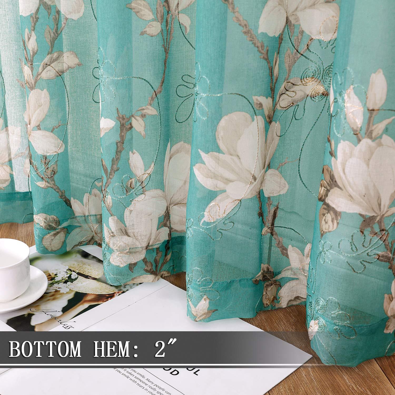 Tollpiz Floral Turquoise Sheer Curtain Flower Print Vine Embroidery Bedroom Curtains Rod Pocket Voile Window Curtain for Living Room, 54 x 95 inches Long, Set of 2 Panels