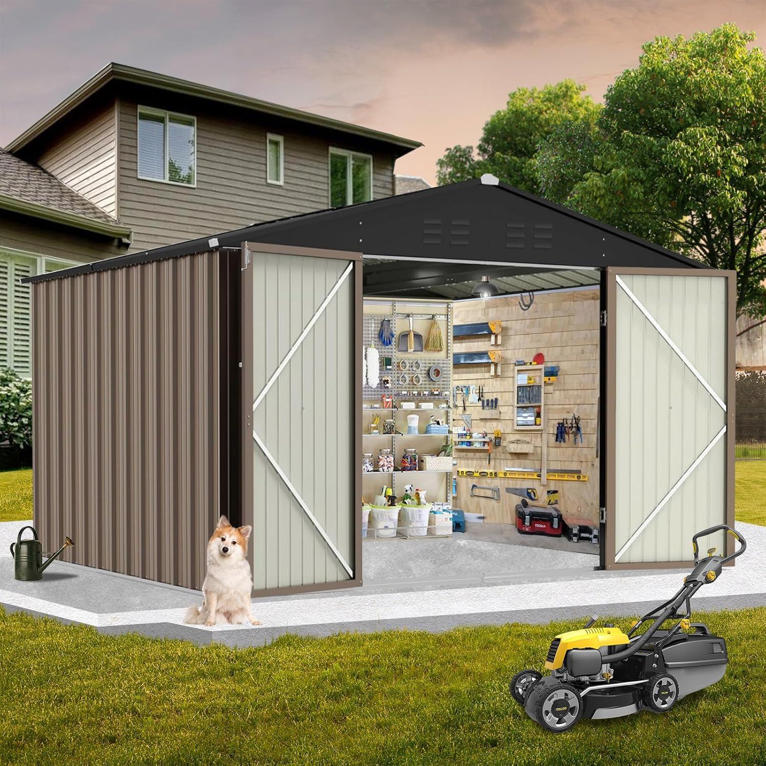 12x10 FT Outdoor Metal Storage Shed Garden Tool House With Lockable Doors and Vent Brown