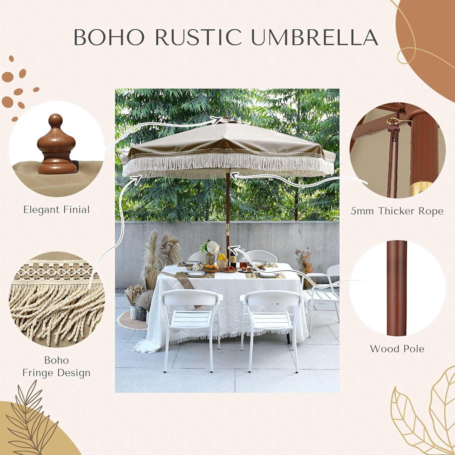 LAGarden BOHO 9' Fringe Patio Umbrella with Tassels UPF50+ Boho Style 5-Year-Non-Fading for Outdoor Yard Market Mocha Meander brown