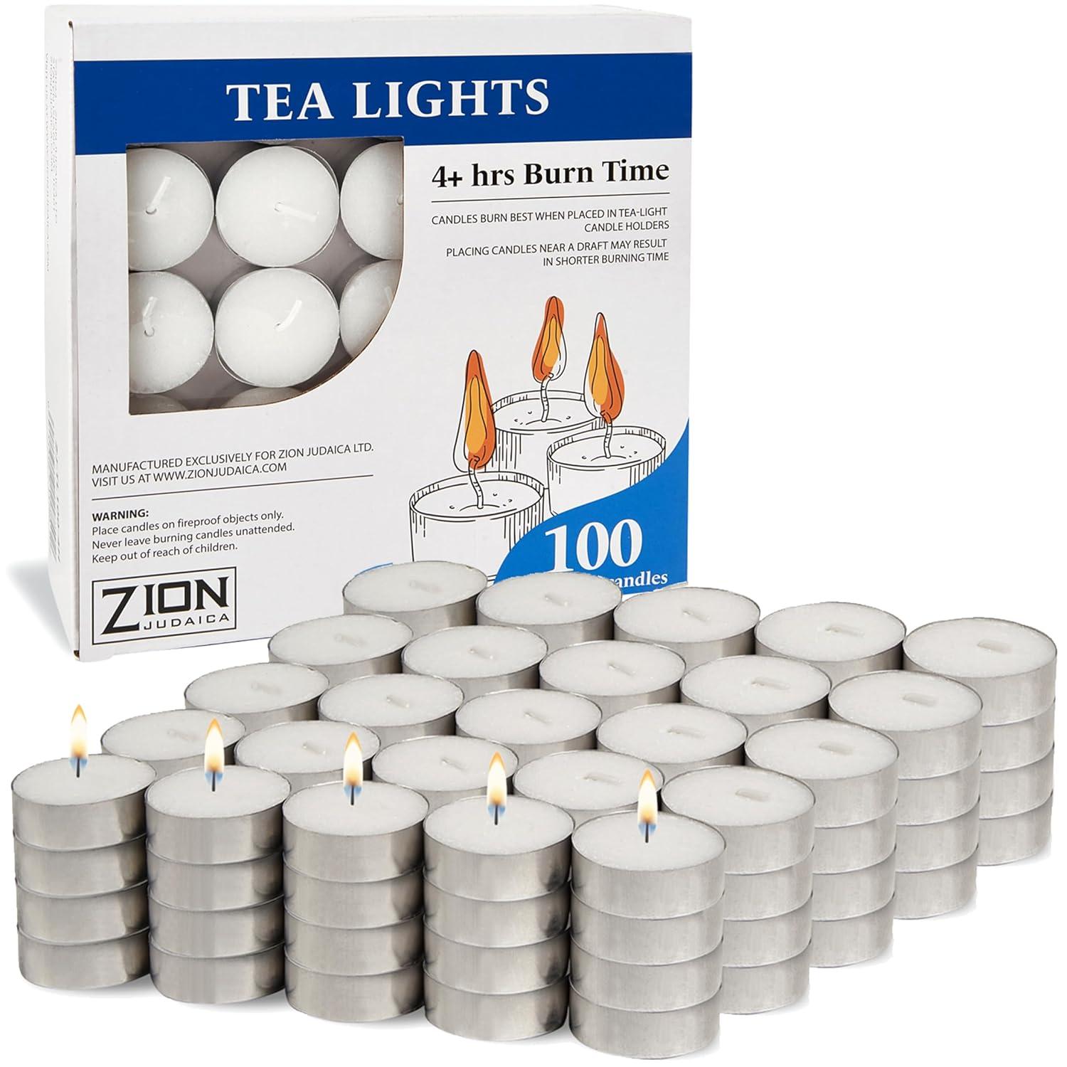 Zion Judaica Premium Unscented Tealight Candles Set Smokeless Multi-Pack Tea Candles Dripless Clean Burning Tea Lights Long Lasting Candlelight for Home Décor Religious Ceremonies (4 Hour, 100, Count)