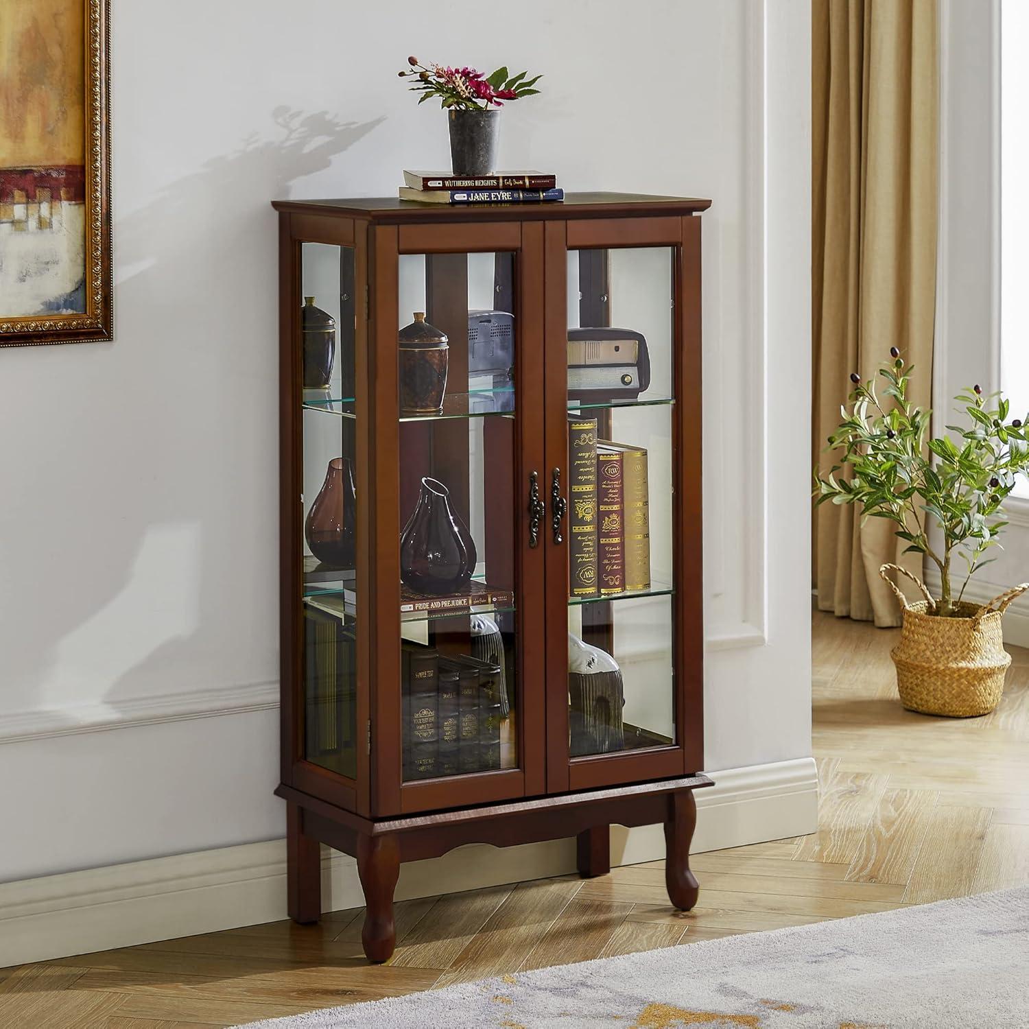 Walnut Lighted Curio Cabinet with Mirrored Back and Glass Shelves