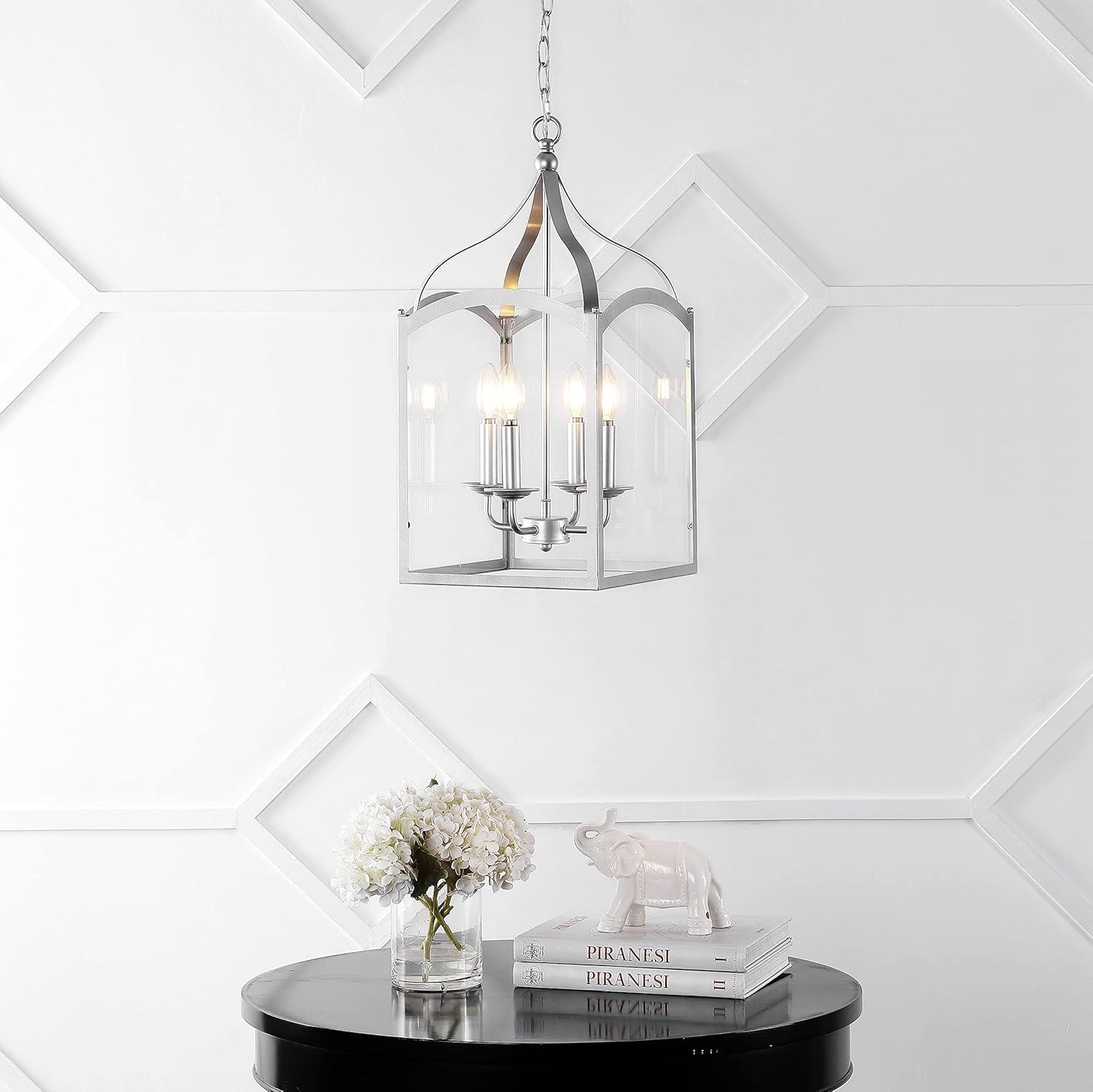 11" LED 4-light Ruth Classic Lantern Metal/Glass Pendant Silver - JONATHAN Y: ETL Listed, Adjustable Height