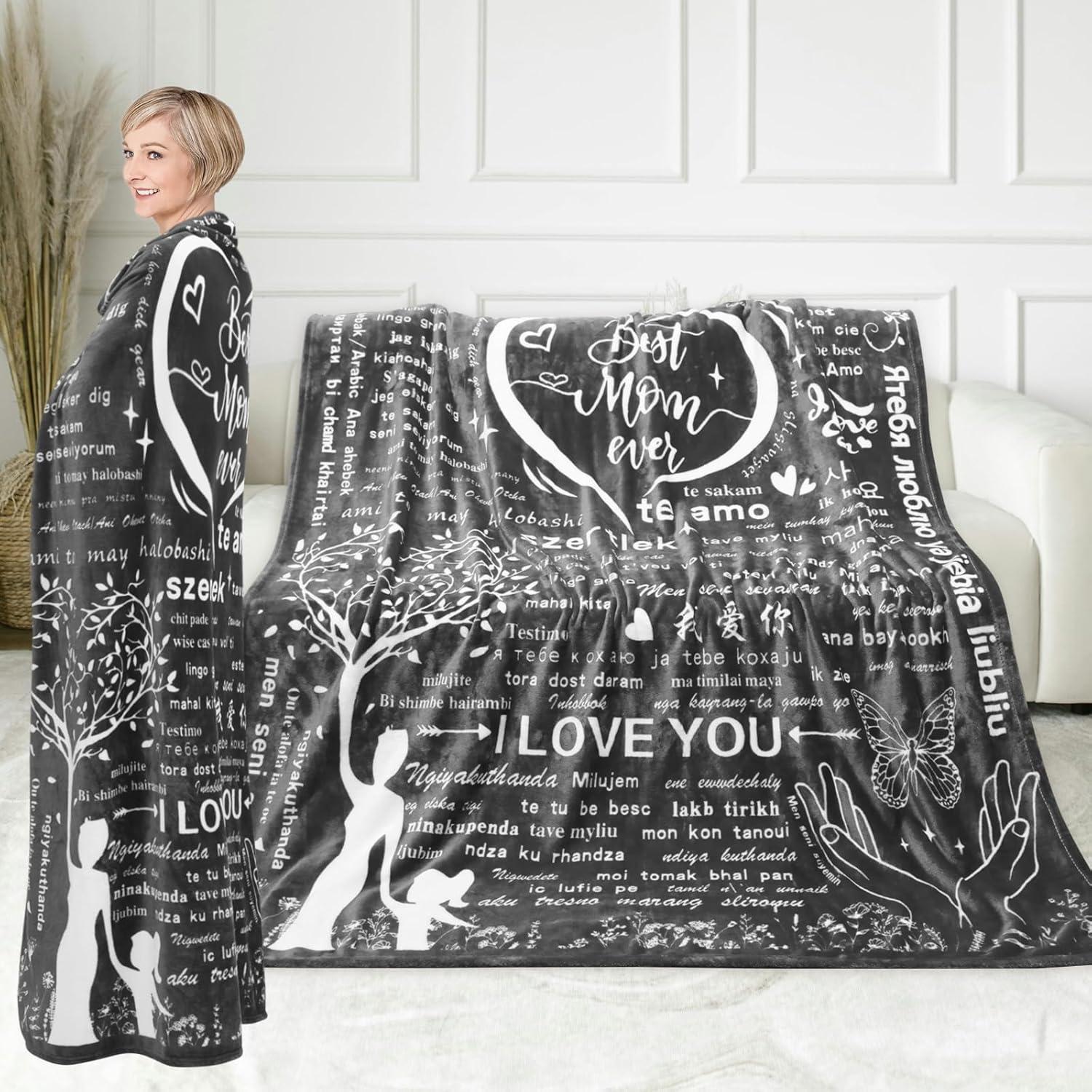 Gifts for Mom Wife Valentines Day Throw Blanket Gifts for Grandma, Best MOM Ever Surrounded by Heart Shape with 100 Languages I Love You Blanket, Mom Gifts Christmas Mother‘s Day 60''x70''