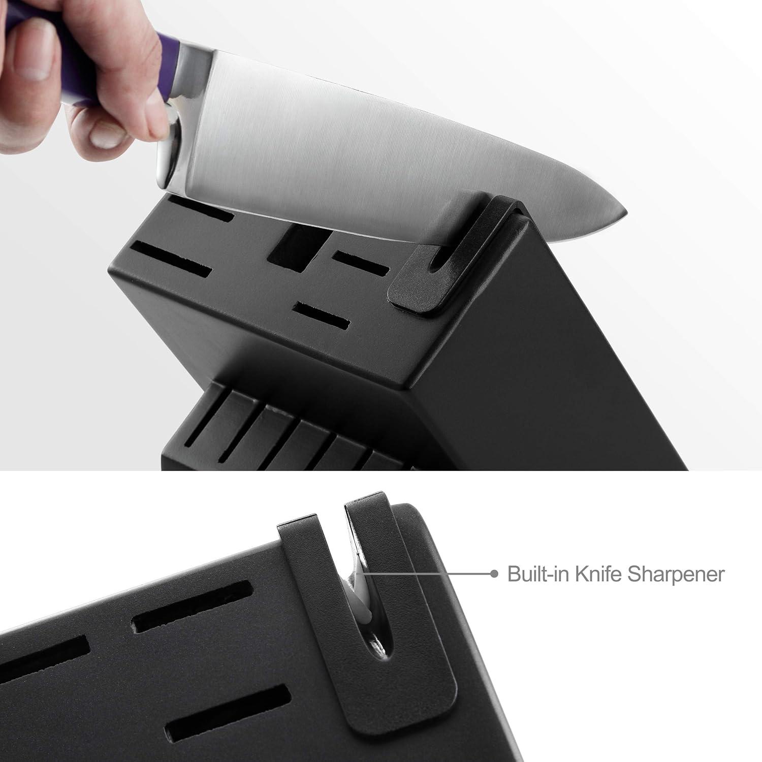 MC27 14 Pieces Stainless Steel kitchen knife set with Wooden Block, Kitchen Scissors and Built-in Sharpener, Purple