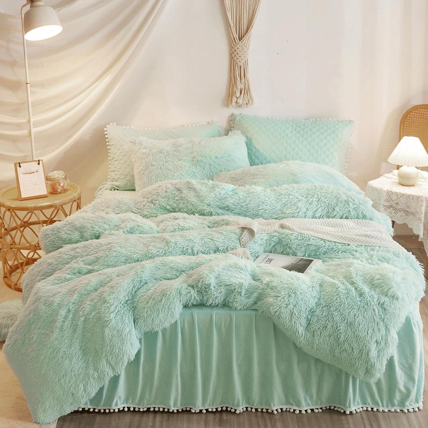 Dark Green Plush Faux Fur Queen Duvet Cover Set