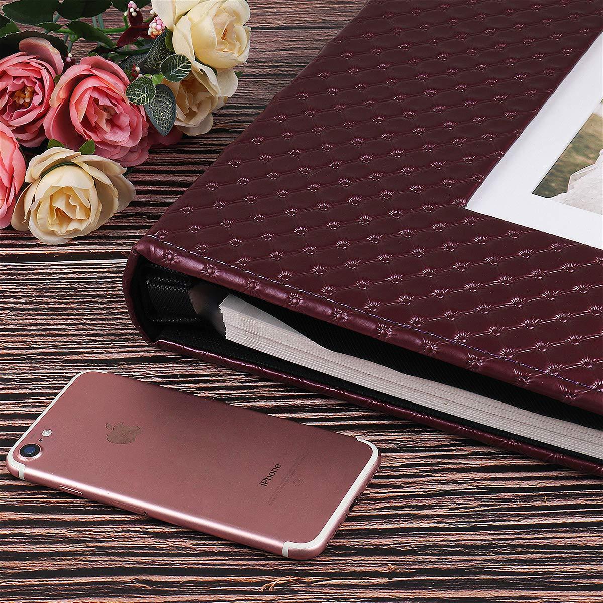 RECUTMS 60 Pages Picture Album Self Adhesive 4x6 5x7 8x10 Leather Cover DIY Magnetic Scrapbook Suitable Family Wedding Picture Albums Photo (Red Wine)