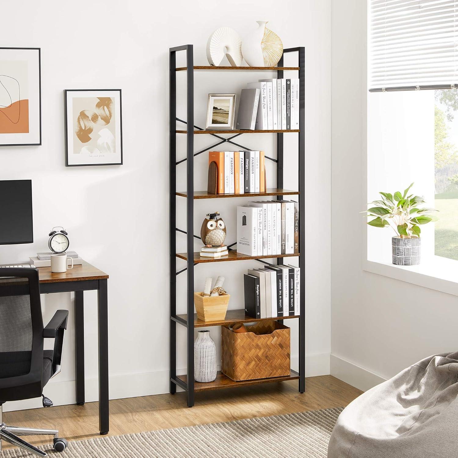 VASAGLE 6-Tier Black and Rustic Brown Steel Frame Bookshelf