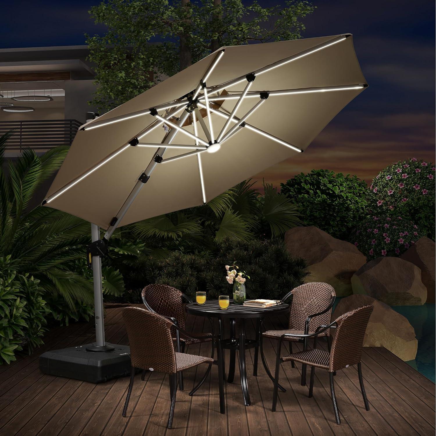 PURPLE LEAF 12-ft Aluminum Black Crank Cantilever Patio Umbrella with Lights