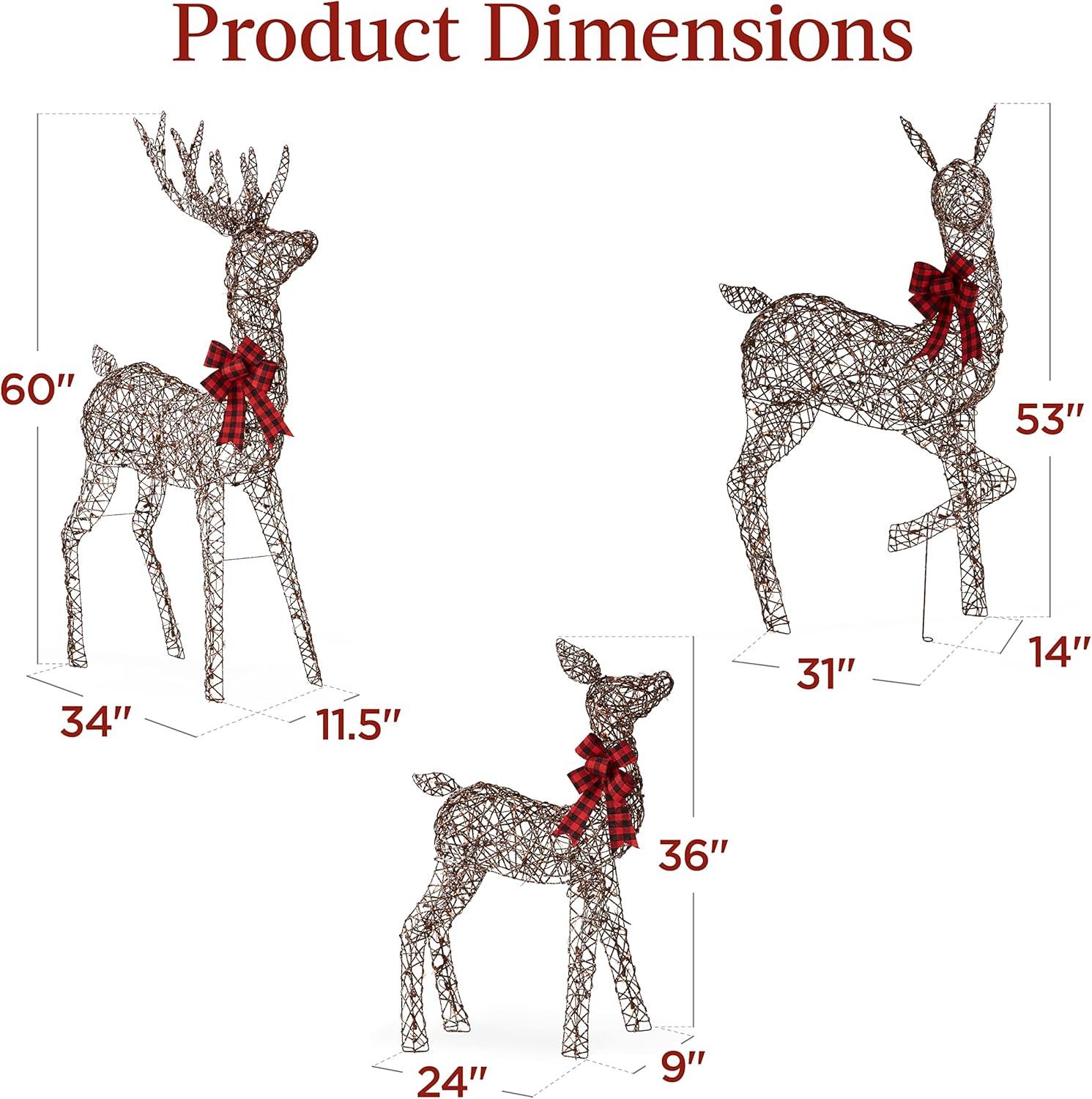 Best Choice Products 3-Piece Rattan Deer Set, Lighted Christmas Outdoor Decoration w/ 360 Lights, Stakes - Rattan