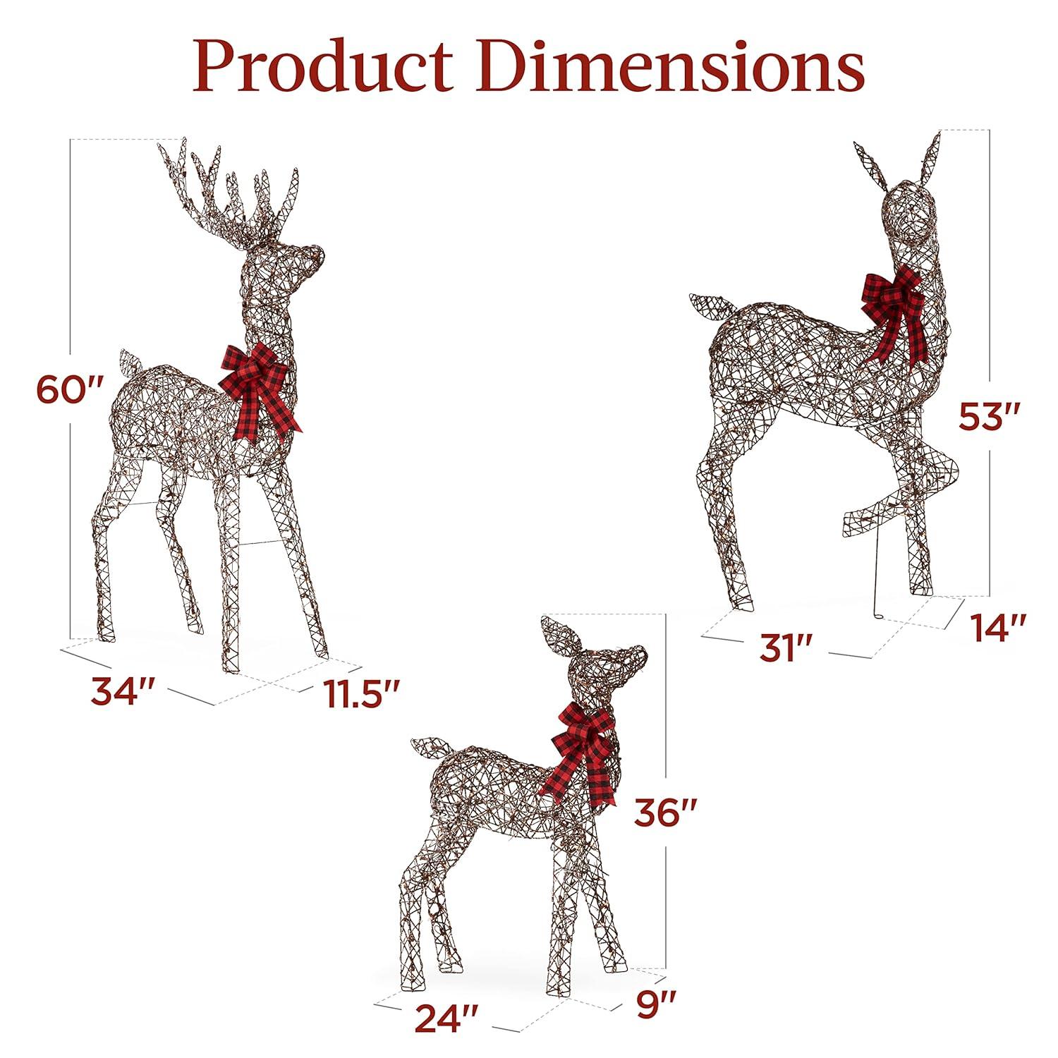 Best Choice Products 3-Piece Rattan Deer Set, Lighted Christmas Outdoor Decoration w/ 360 Lights, Stakes - Rattan
