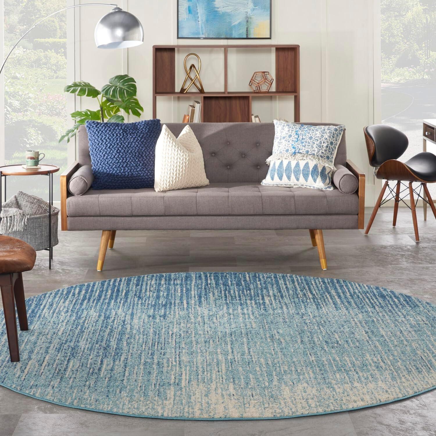 Round Blue Geometric Synthetic Easy Care Rug, 8 ft