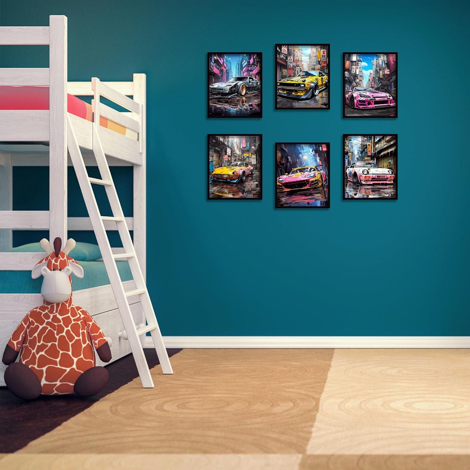 Car Wall Art Prints Set of 6 Street Racing Car Posters Fashion Wall Decor Colorful Landscape Car Paintings Modern Car llustration Aesthetic Photo Picture Canvas Art Painting for Living Room Hallway