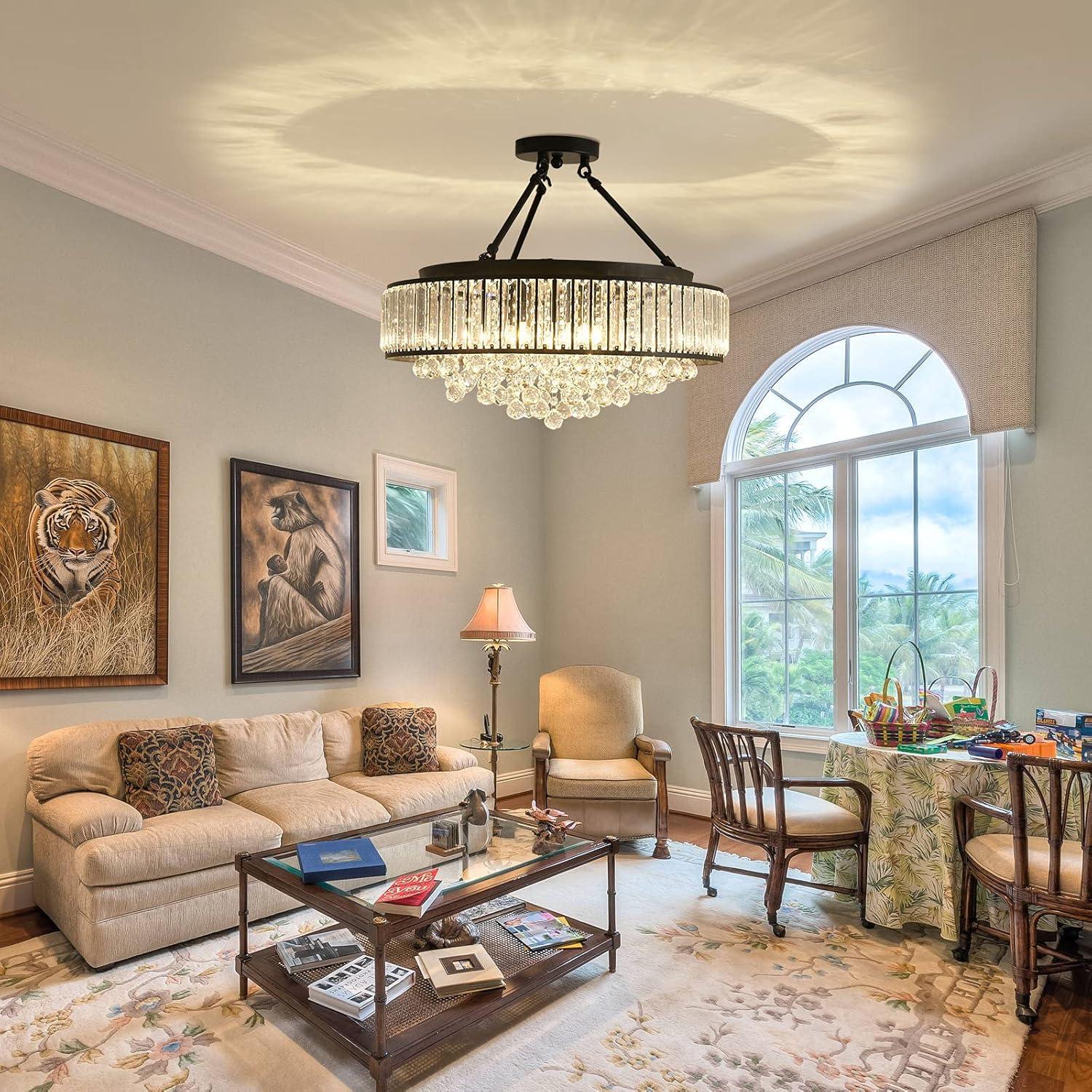 YYJLX 6-Light Modern Large Crystal Chandelier Black Metal E26 Semi Flush Mount Round Light Fixture Ceiling Lamp Farmhouse for Dining Living Room Laundry Foyer Kitchen Balcony Bedroom