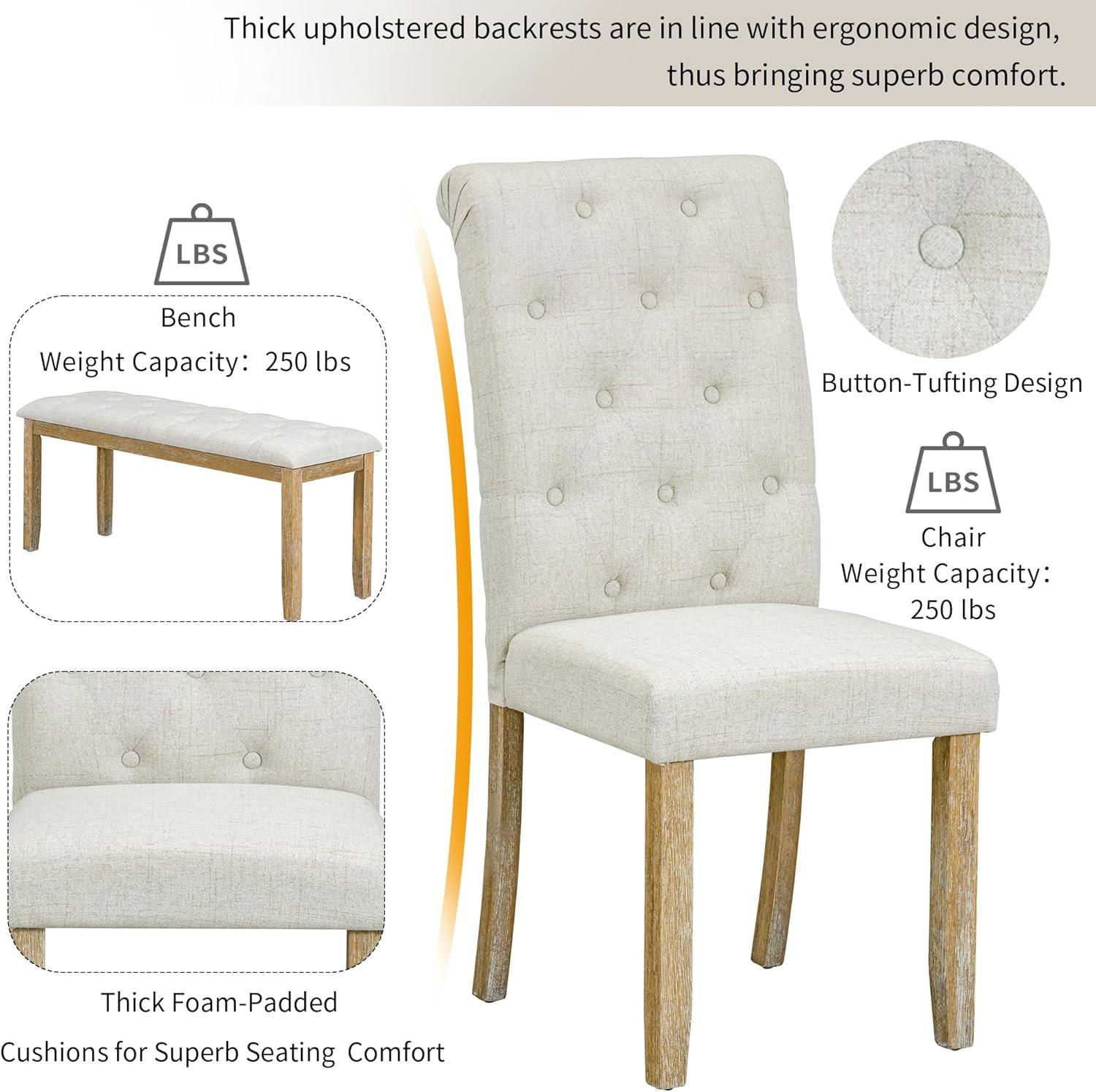 Merax 6-Piece Retro Dining Table Set, Rubber Wood Rectangular Table with Unique Legs and 4 Upholstered Chairs & 1 Bench for Dining Room and Kitchen (Natural Wood Wash)