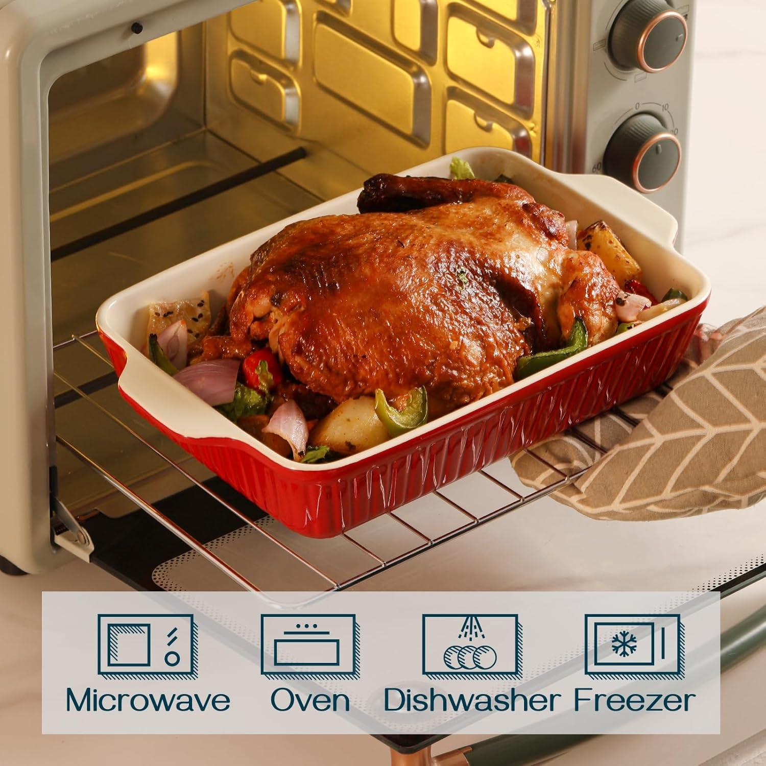 SWEEJAR Rectangular Ceramic Bakeware Set, Non-Stick Roasting Pan with Handles Baking Dishes,Casserole Pans for Cake Dinner, Set of 3 - Red