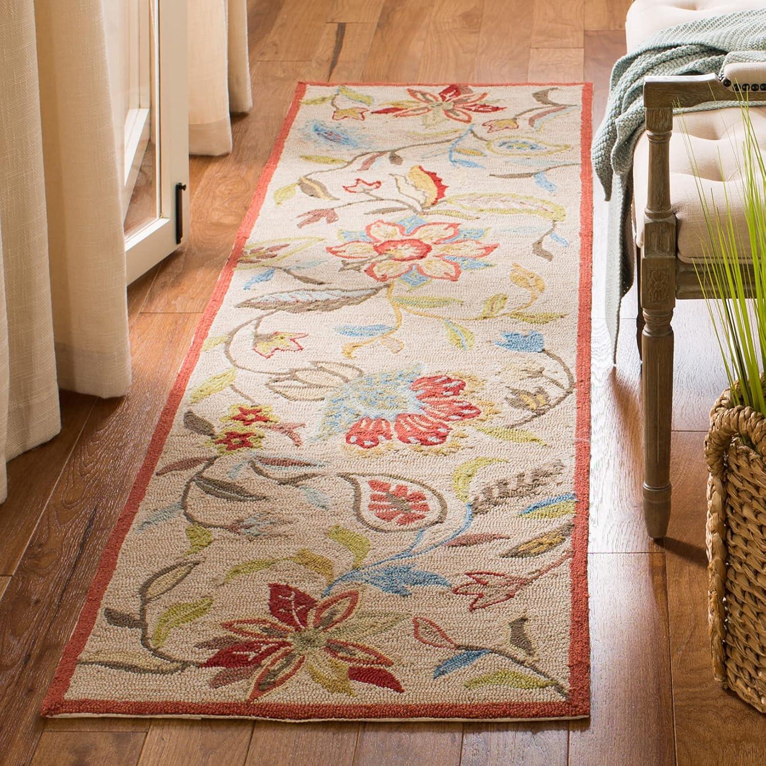 Ivory and Rust Floral Hand-Hooked Runner Rug