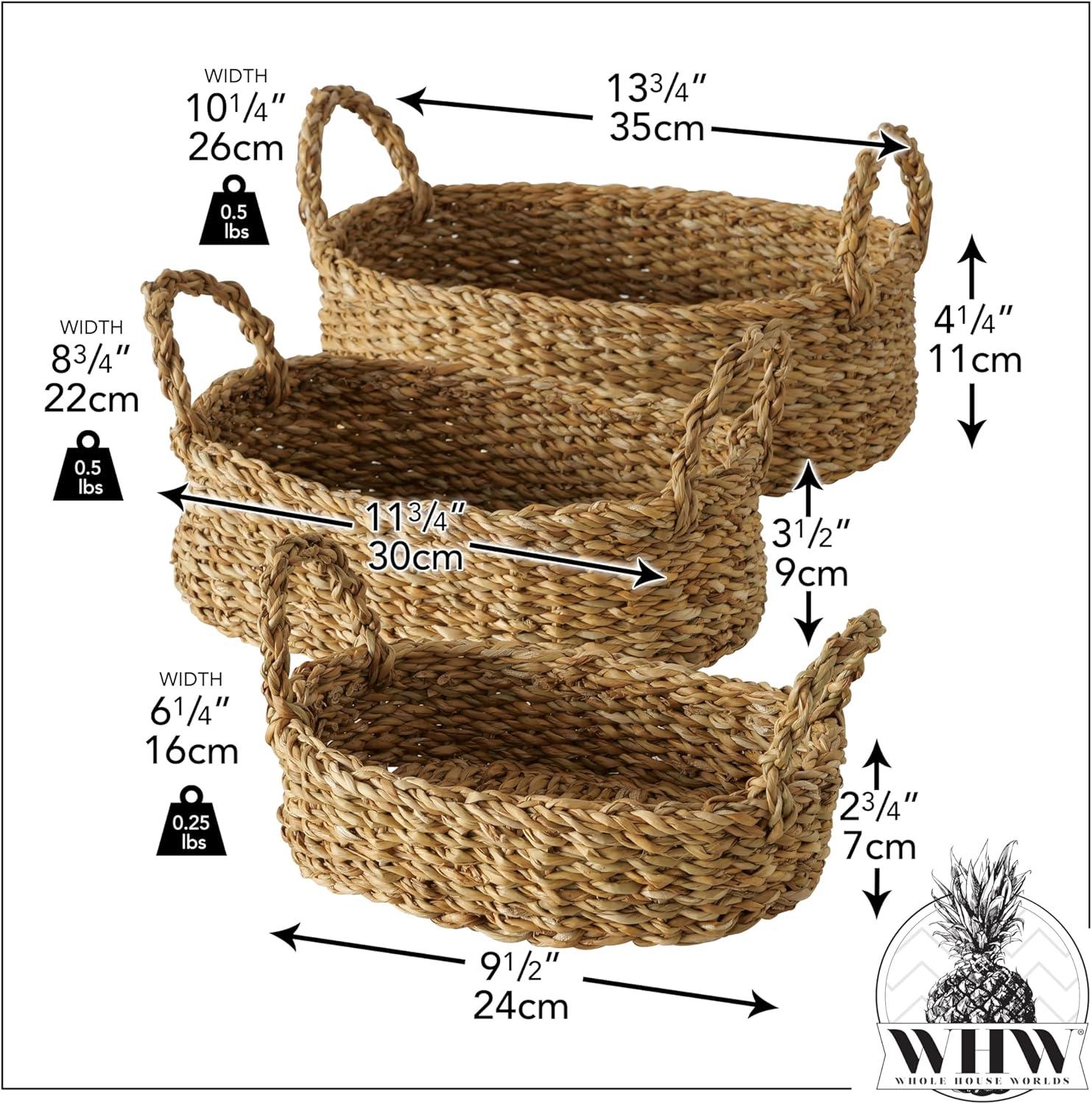 Seagrass Baskets, Set of 3, Thick Chunky Sweater Weave, Decorative Vanity Organizers, Closet Storage Bins, Oval, 13.75, 11.75, and 9.5 Inches