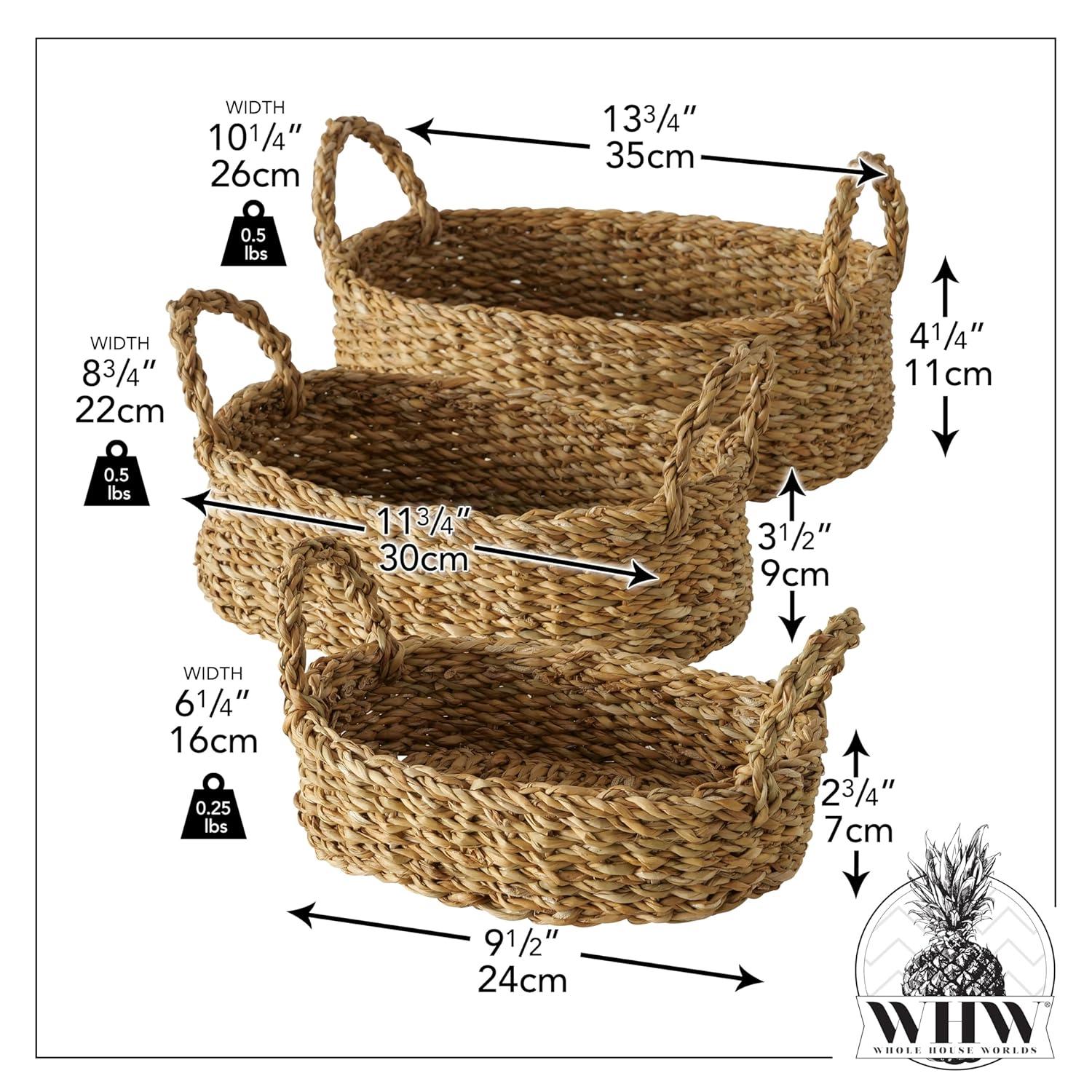 Seagrass Baskets, Set of 3, Thick Chunky Sweater Weave, Decorative Vanity Organizers, Closet Storage Bins, Oval, 13.75, 11.75, and 9.5 Inches