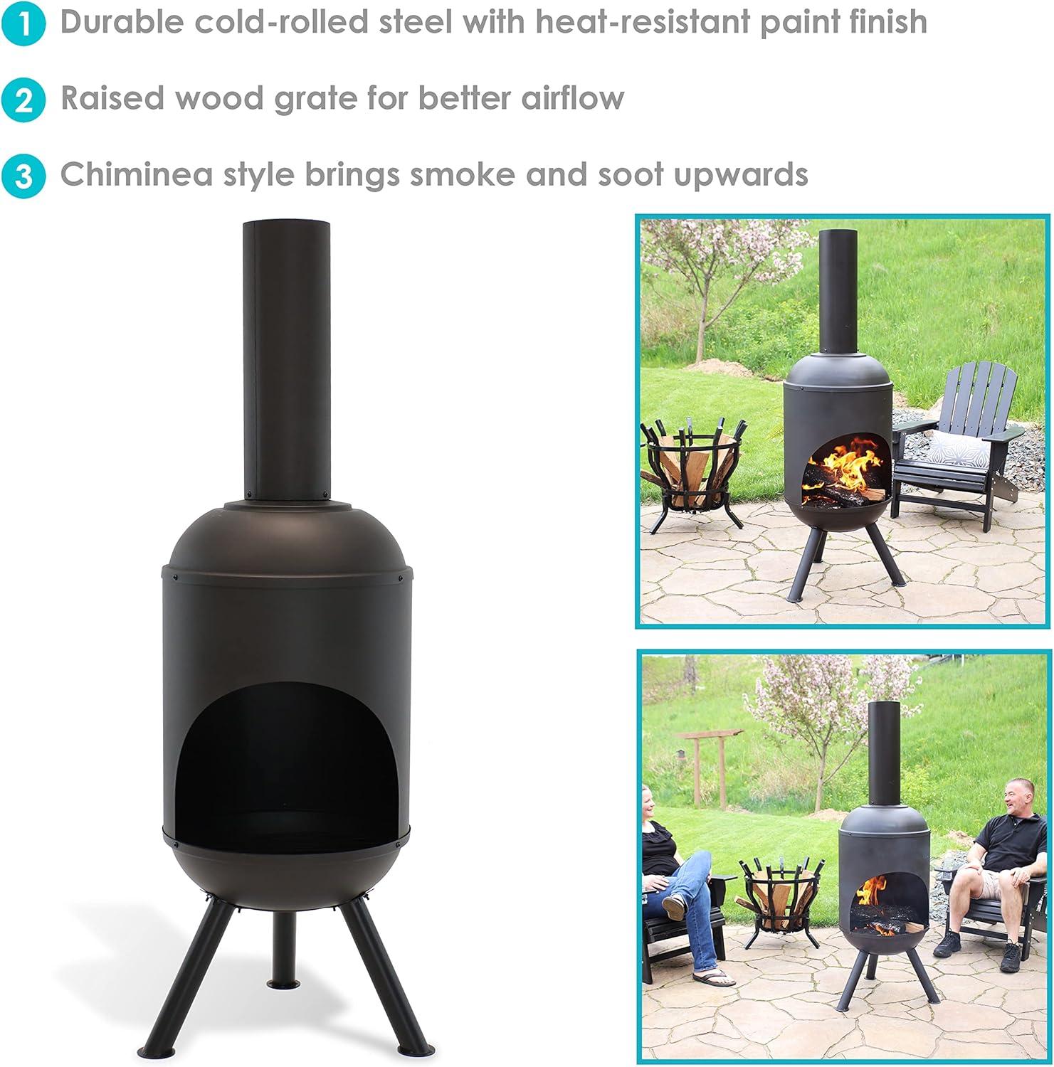 60" Heat-Resistant Black Finish Steel Wood-Burning Chiminea with Wood Grate