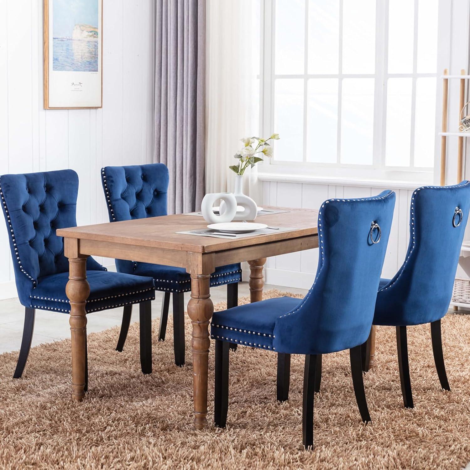 Rhomtree Glam Wood Solid Print Dining Side Chairs, Blue (Set of 6)