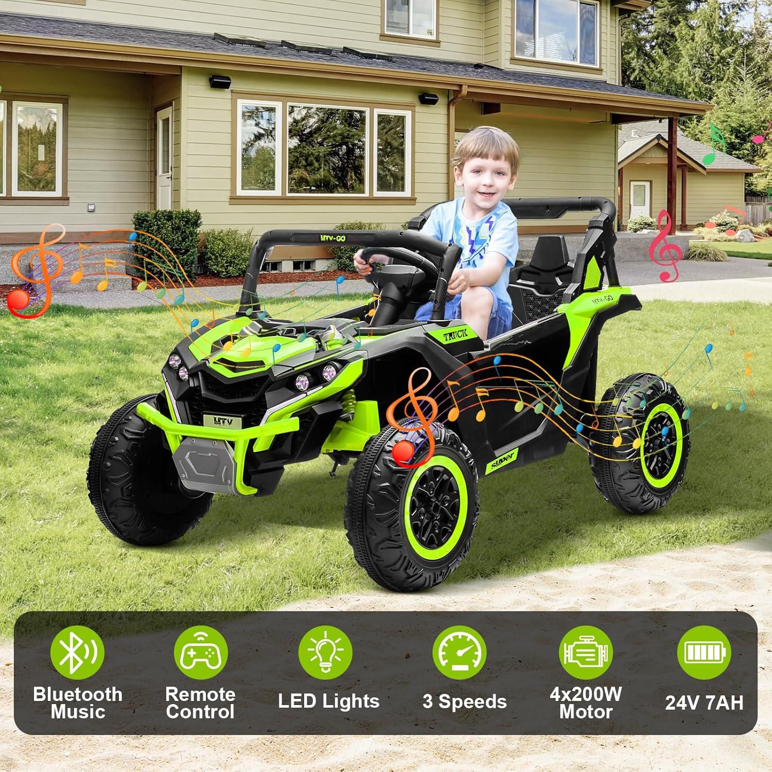 24V Ride on Car 2 Seater Ride on UTV 4X4 Off-Road UTV for Kids 4X200W Powerful Motor Kids' Electric Vehicles with Remote Control, Spring Suspension, Led Light, Bluetooth Music, Green